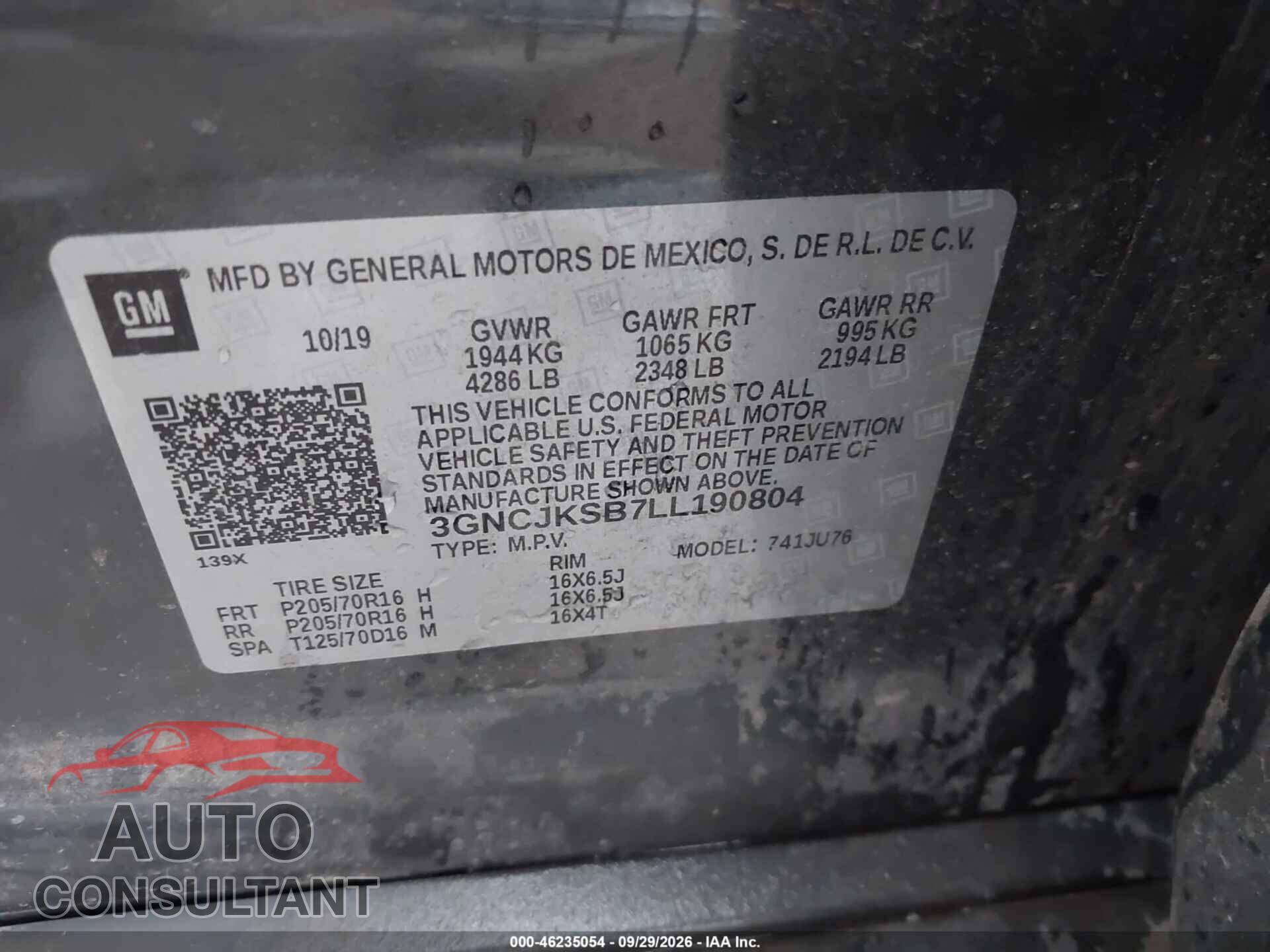 CHEVROLET TRAX 2020 - 3GNCJKSB7LL190804