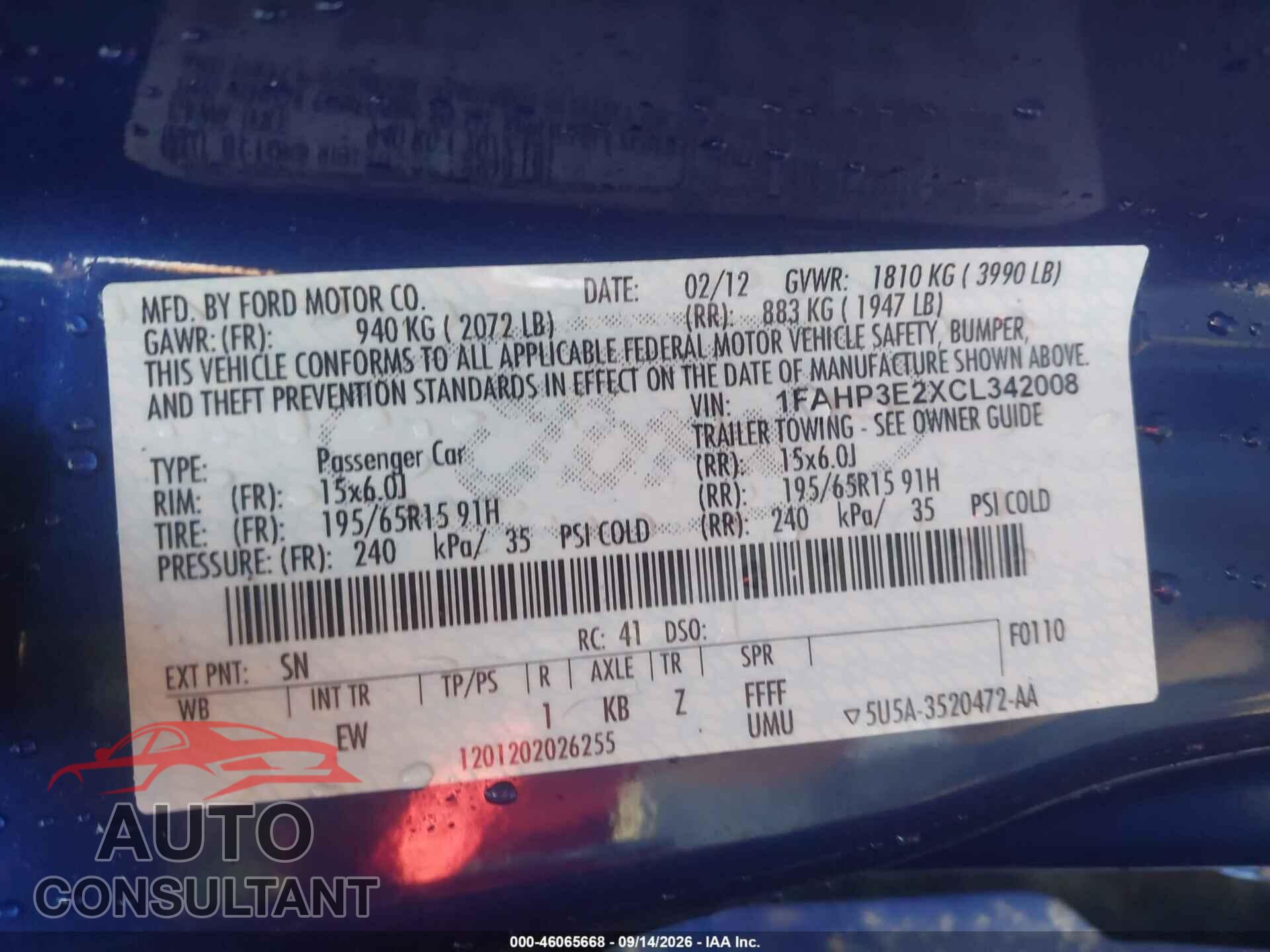FORD FOCUS 2012 - 1FAHP3E2XCL342008