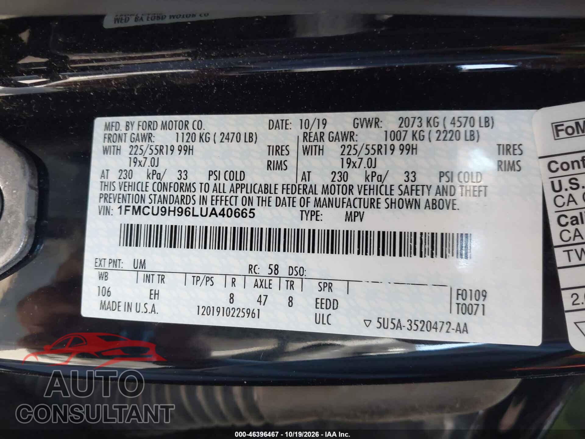 FORD ESCAPE 2020 - 1FMCU9H96LUA40665