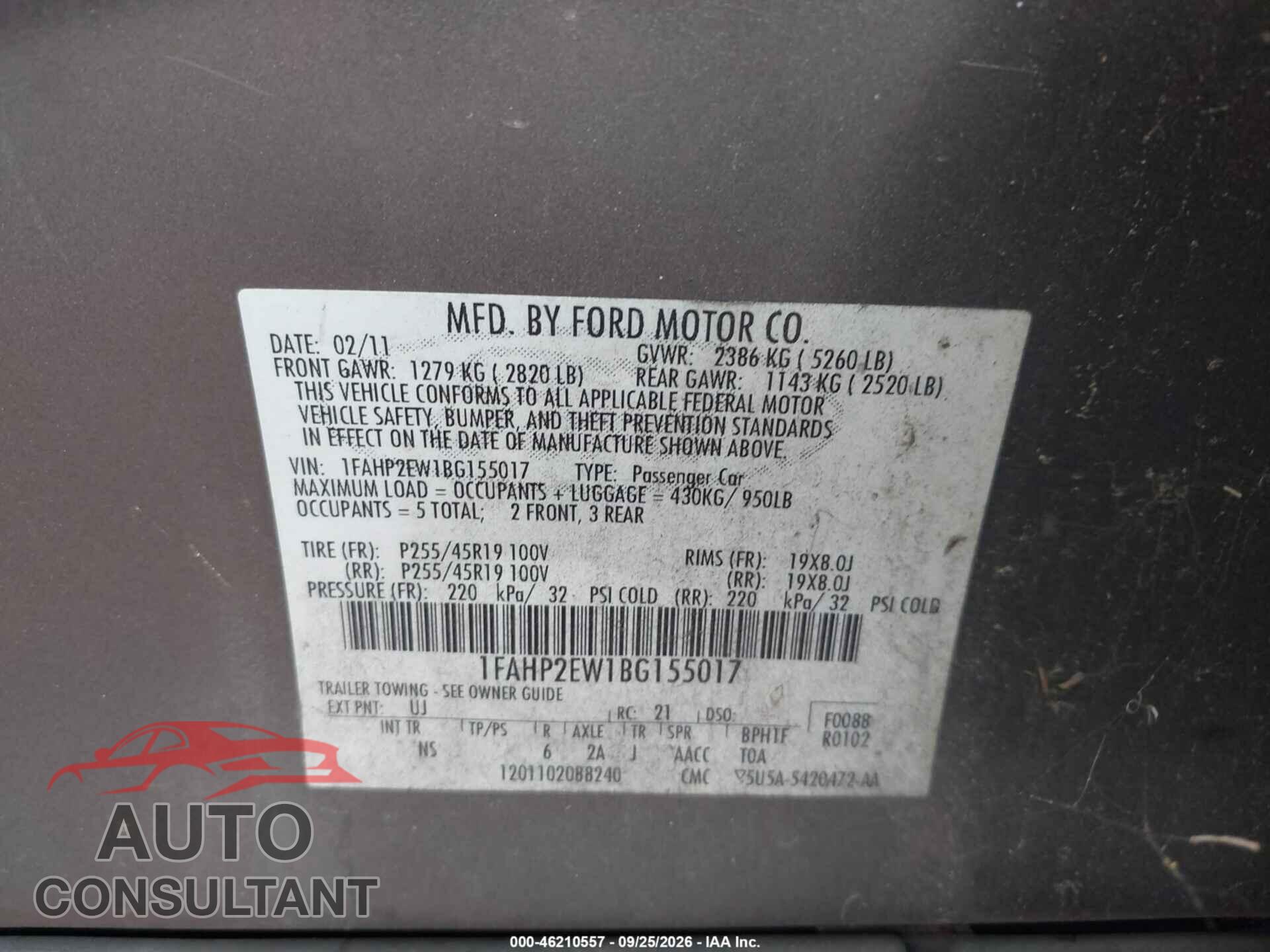 FORD TAURUS 2011 - 1FAHP2EW1BG155017