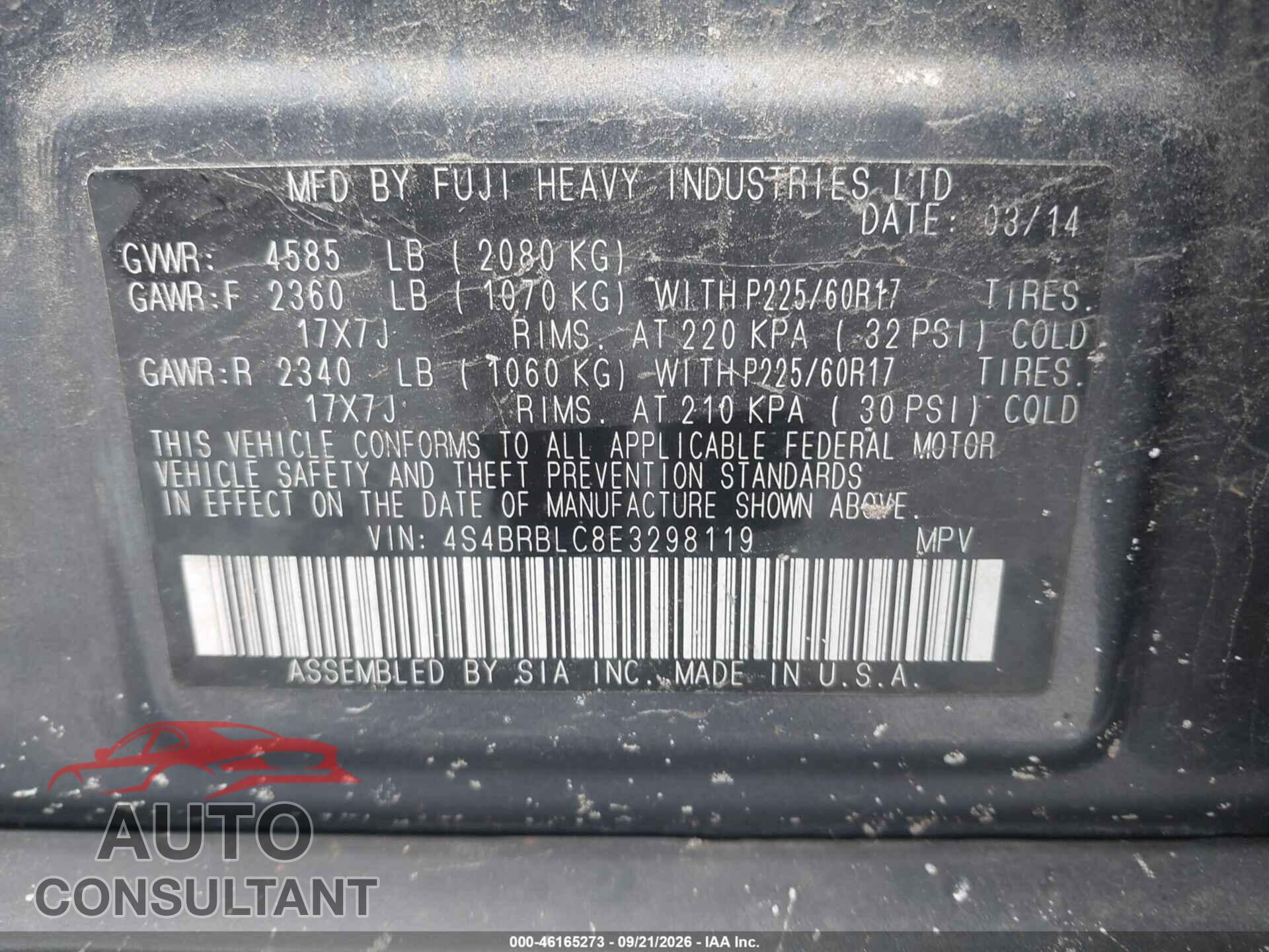 SUBARU OUTBACK 2014 - 4S4BRBLC8E3298119