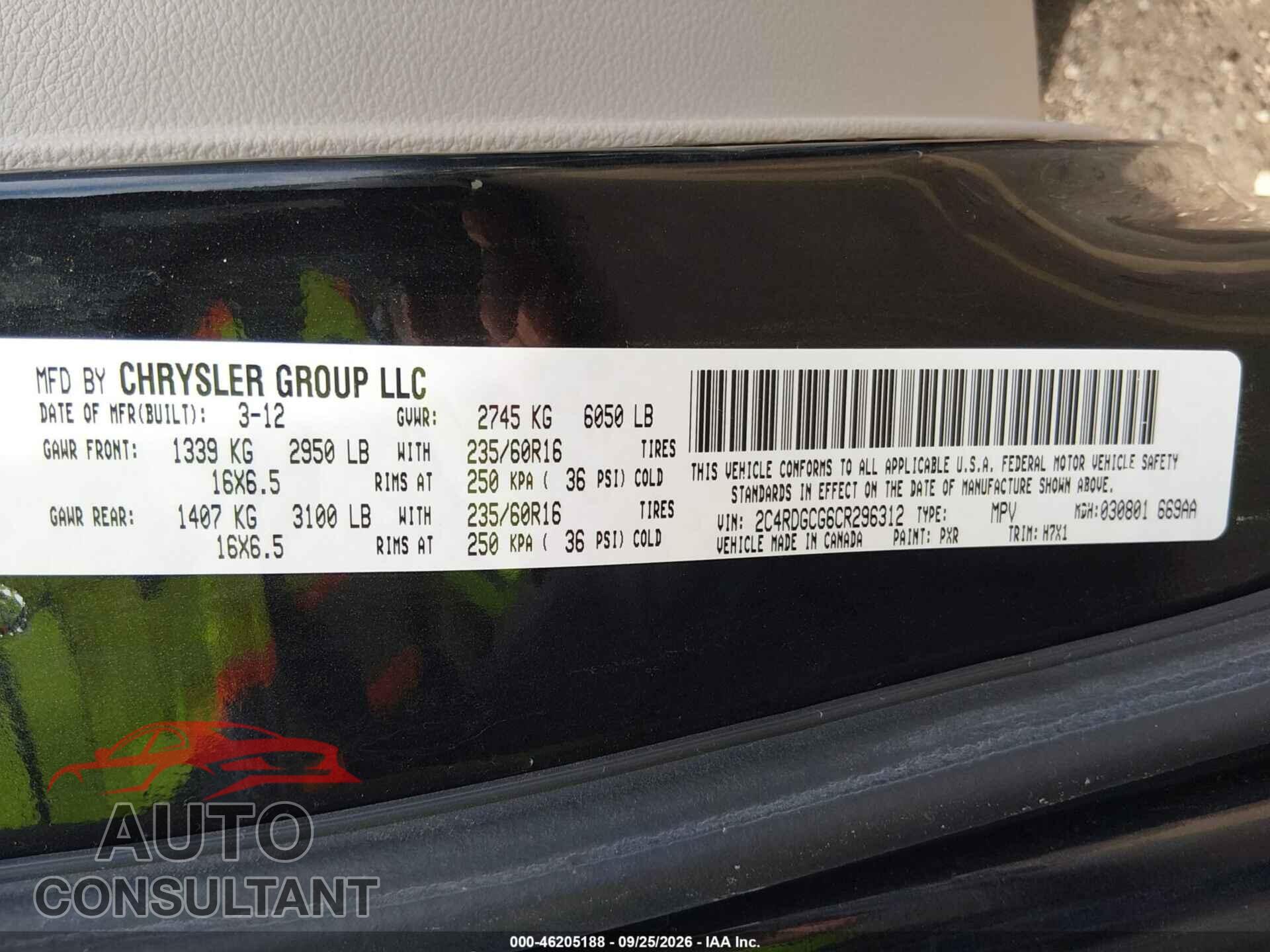 DODGE CARAVAN 2012 - 02C4RDGC6CR296312
