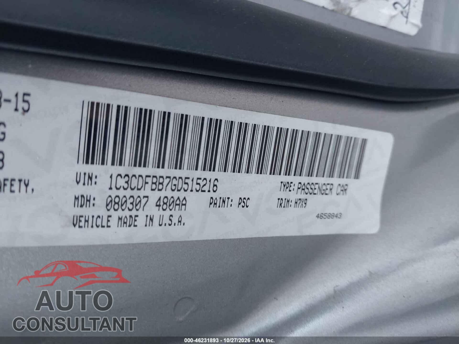DODGE DART 2016 - 1C3CDFBB7GD515216