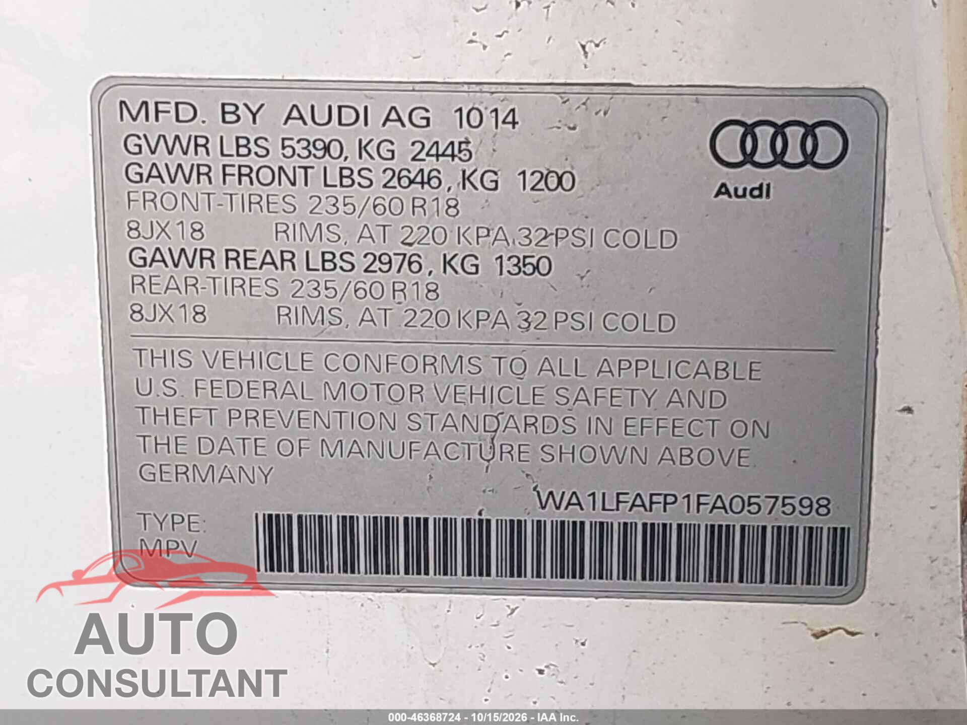 AUDI Q5 2015 - WA1LFAFP1FA057598
