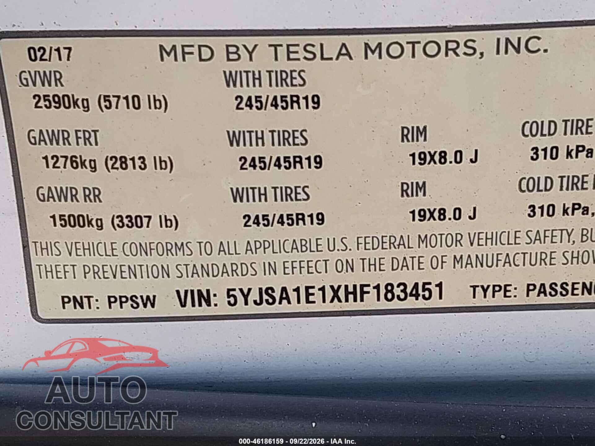 TESLA MODEL S 2017 - 5YJSA1E1XHF183451