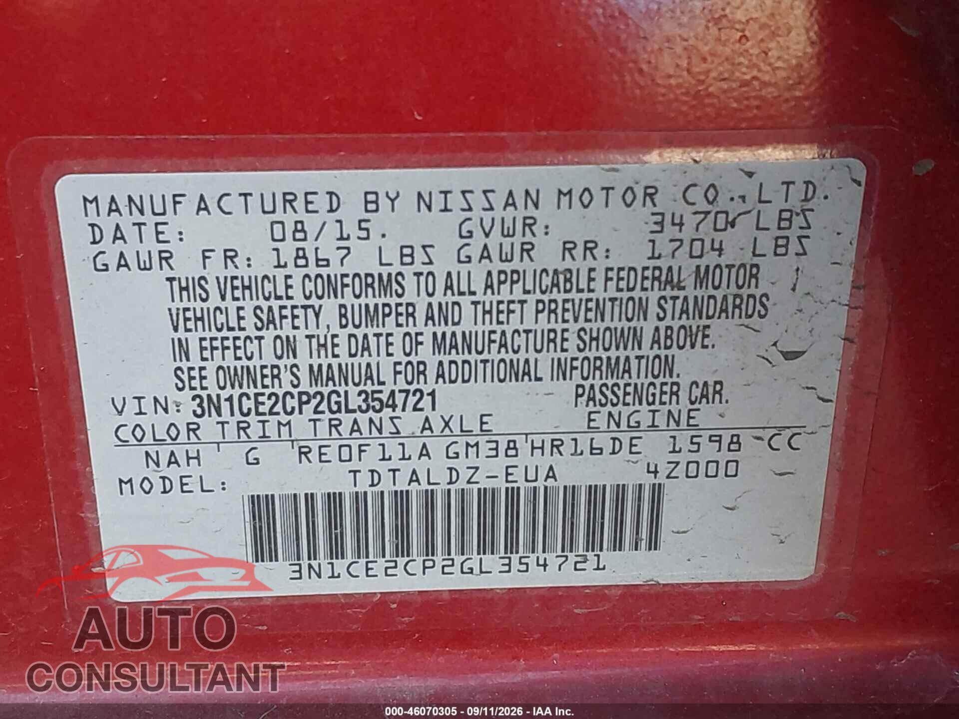 NISSAN VERSA NOTE 2016 - 3N1CE2CP2GL354721