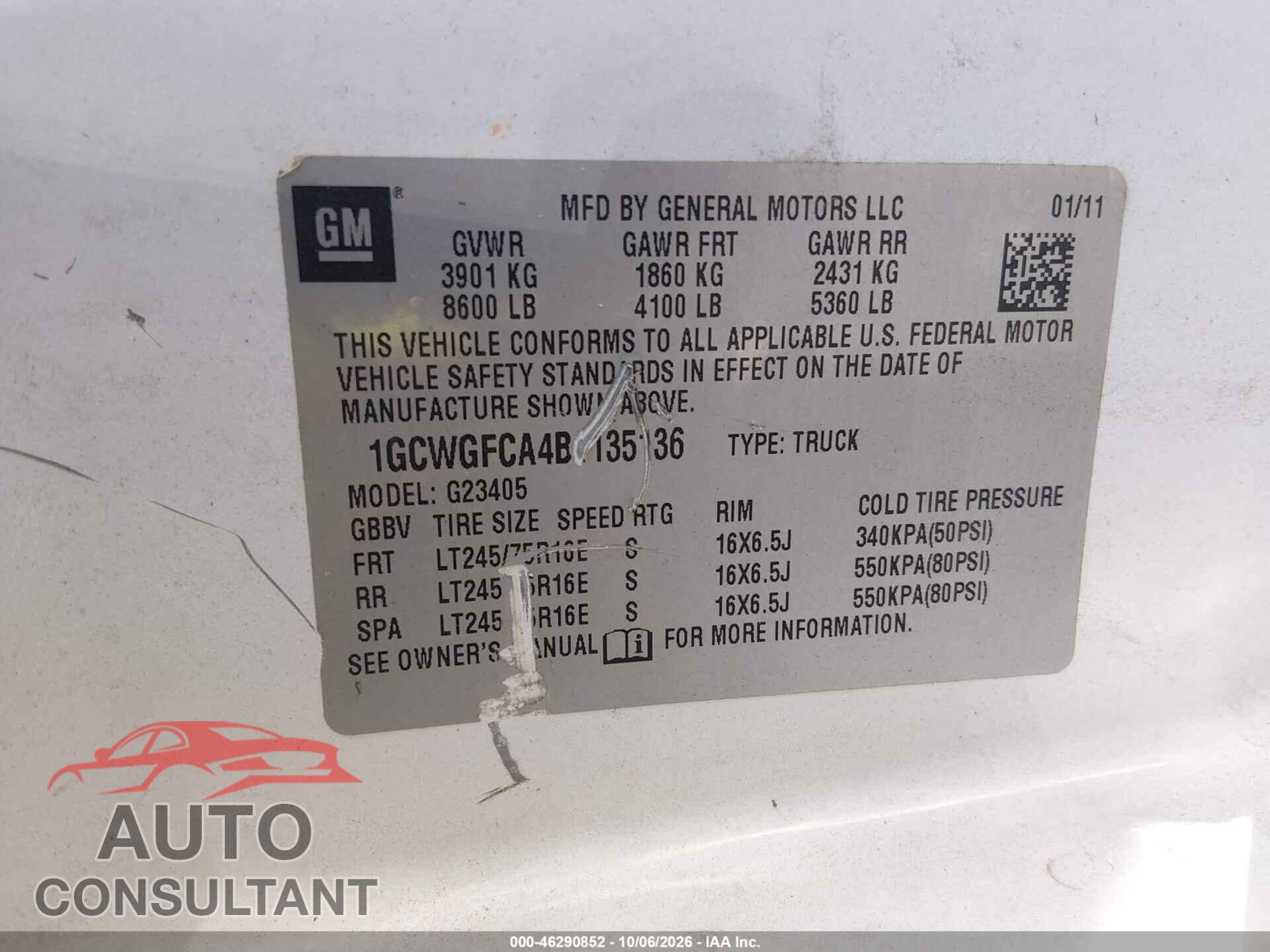 CHEVROLET EXPRESS 2500 2011 - 1GCWGFCA4B1135136