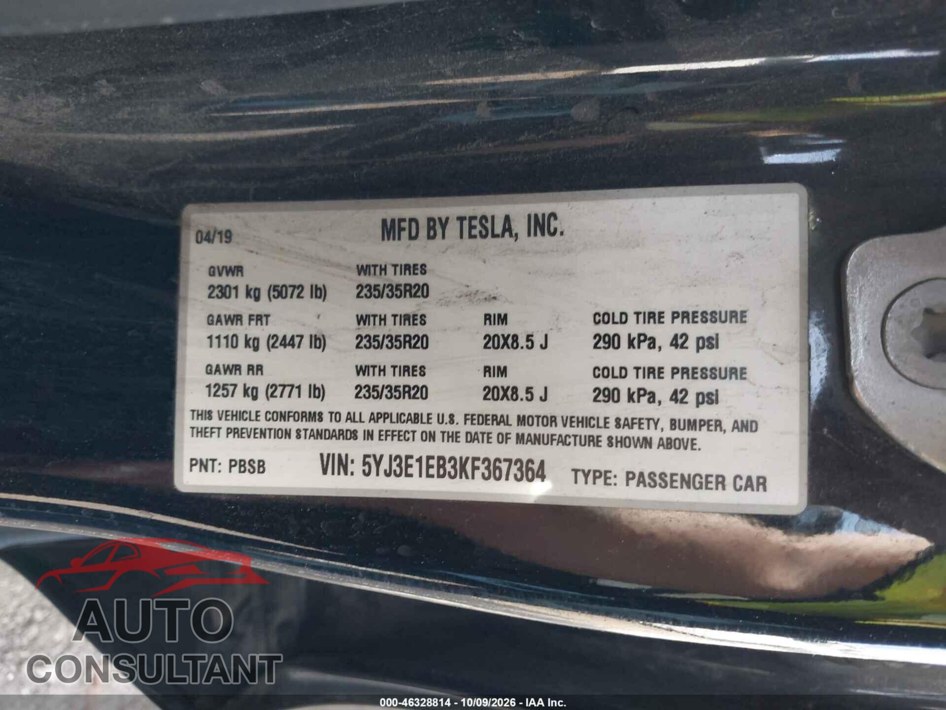 TESLA MODEL 3 2019 - 5YJ3E1EB3KF367364