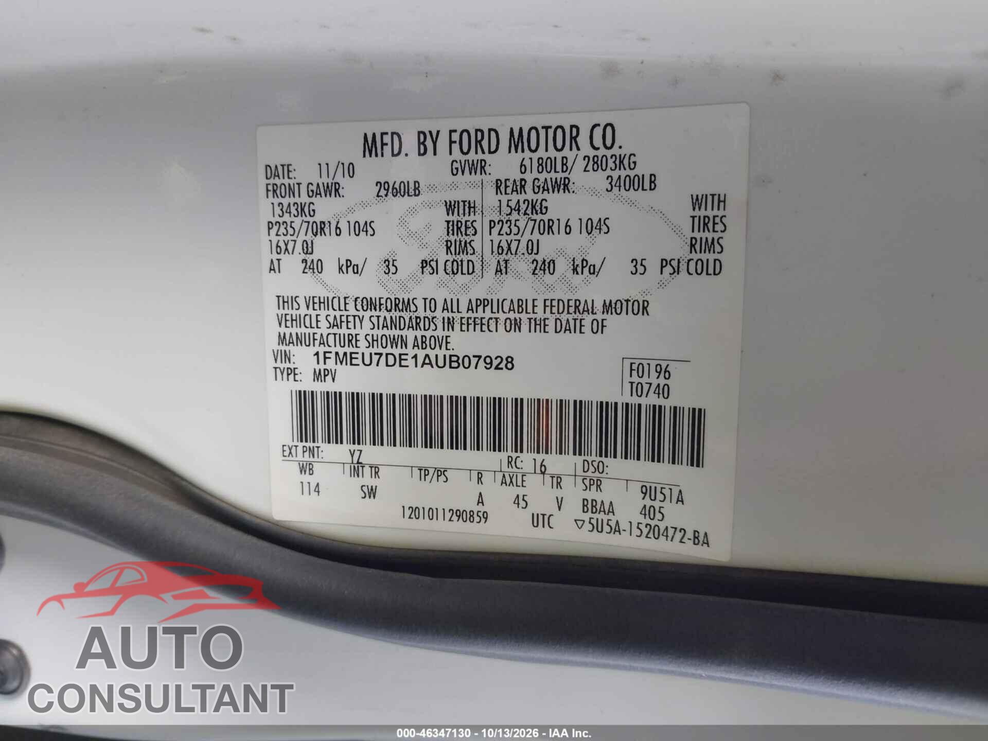 FORD EXPLORER 2010 - 1FMEU7DE1AUB07928