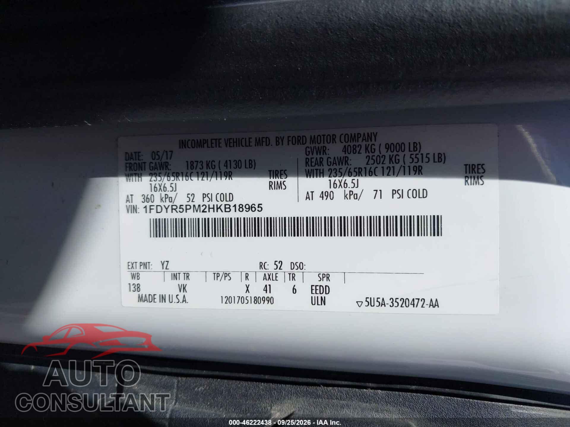 FORD TRANSIT-250 CUTAWAY 2017 - 1FDYR5PM2HKB18965