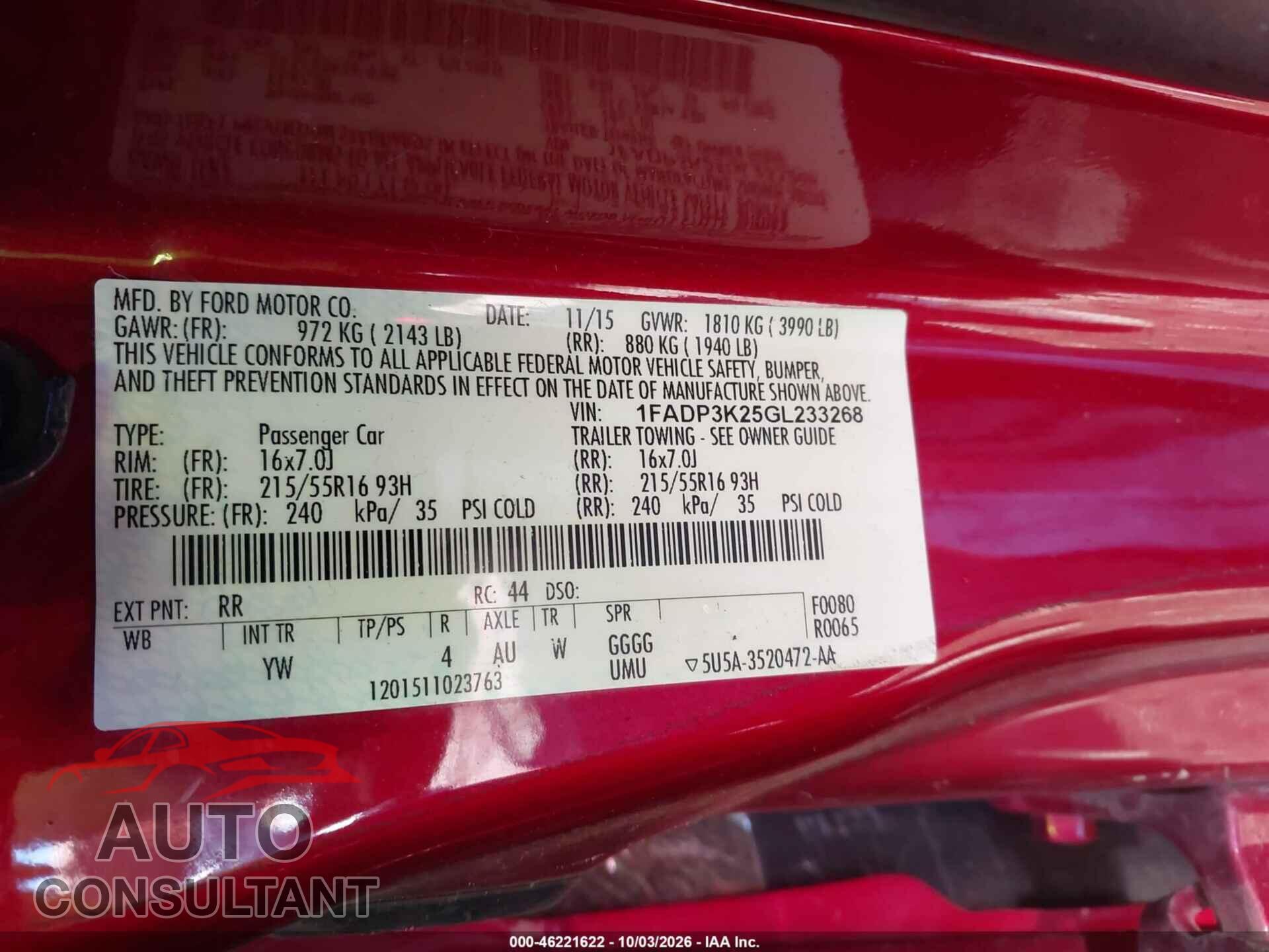 FORD FOCUS 2016 - 1FADP3K25GL233268