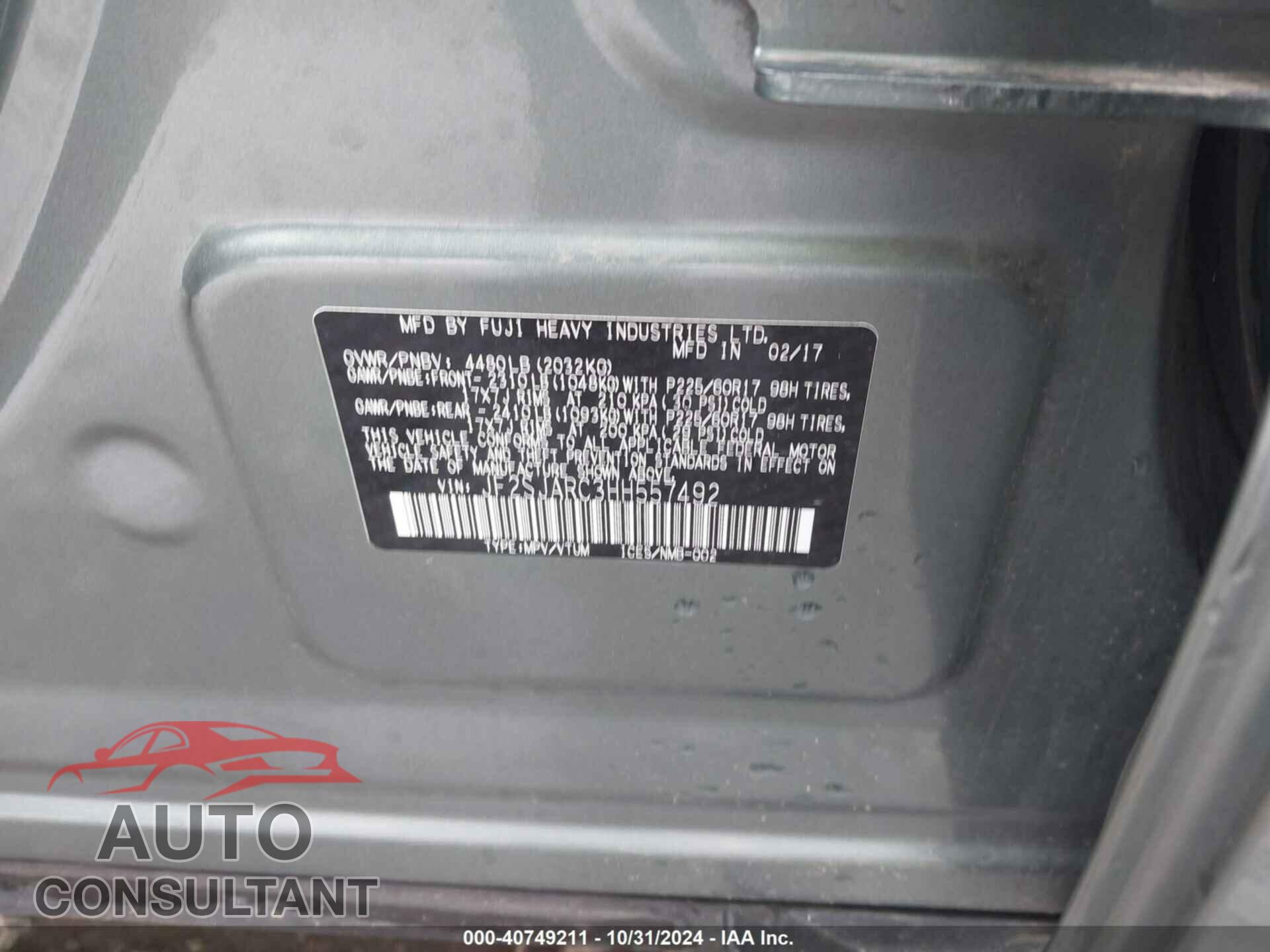 SUBARU FORESTER 2017 - JF2SJARC3HH557492