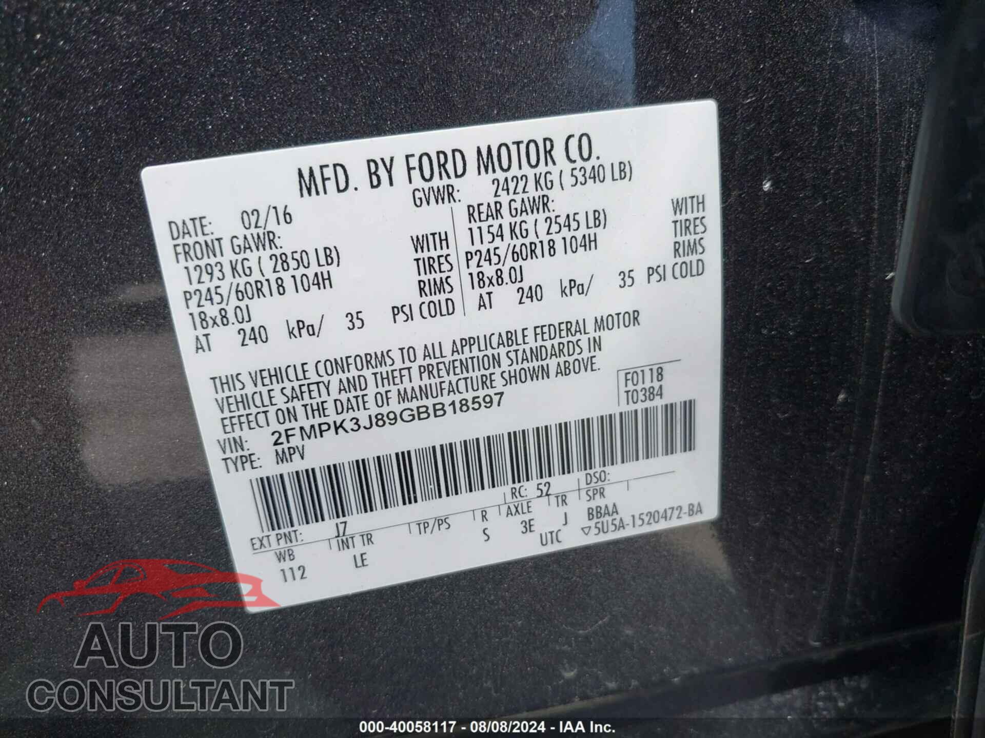FORD EDGE 2016 - 2FMPK3J89GBB18597