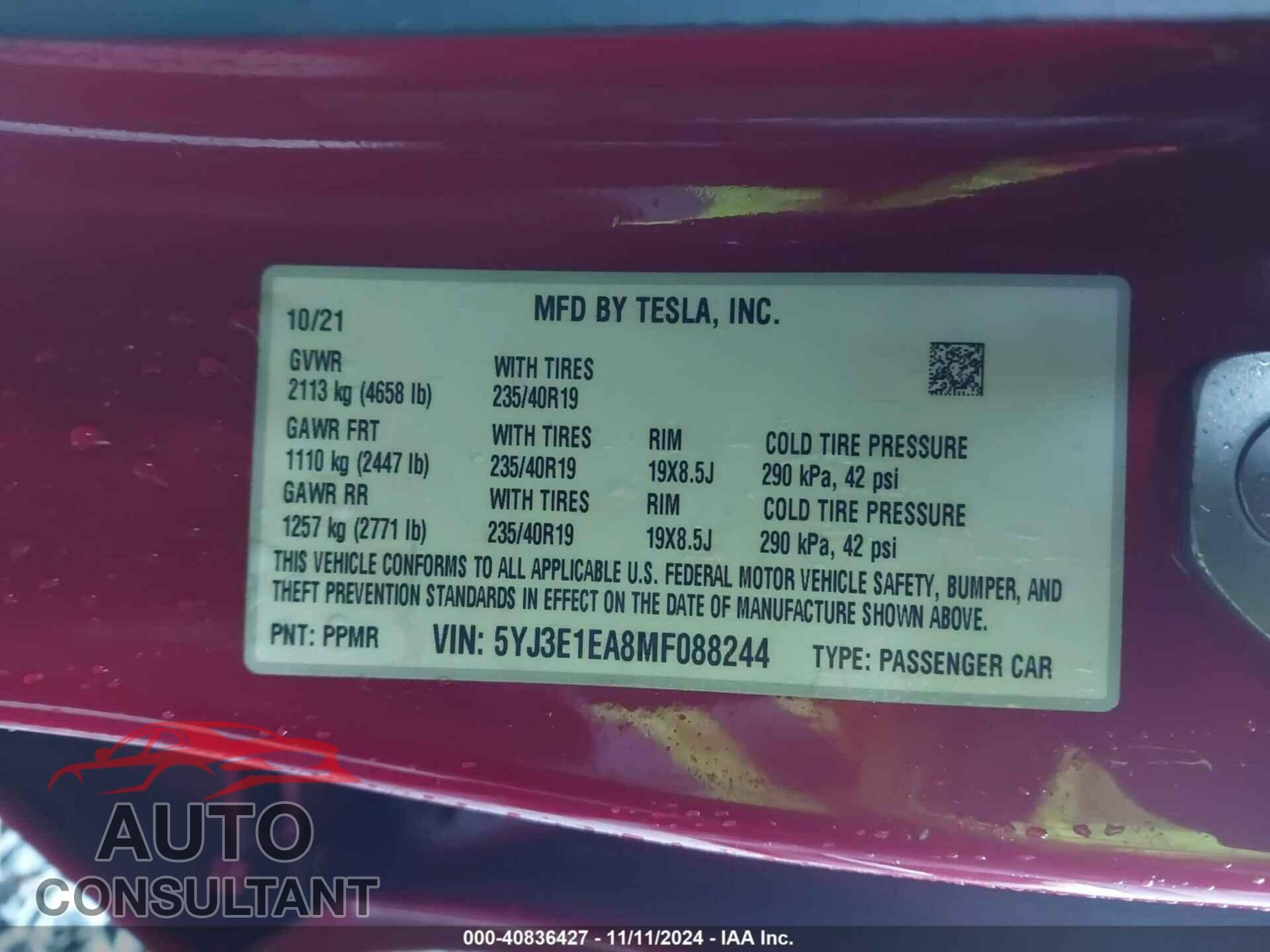 TESLA MODEL 3 2021 - 5YJ3E1EA8MF088244