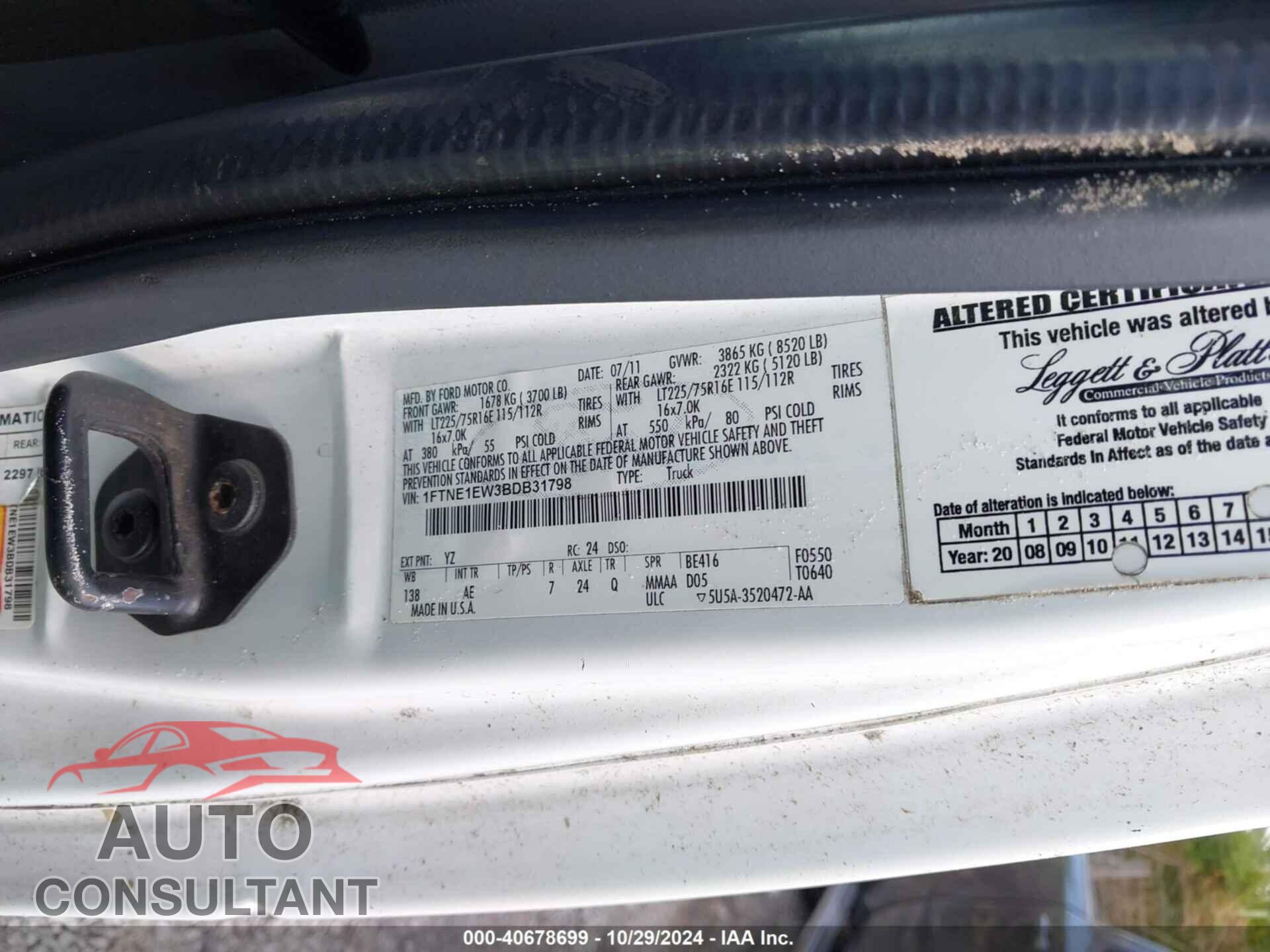 FORD E-150 2011 - 1FTNE1EW3BDB31798