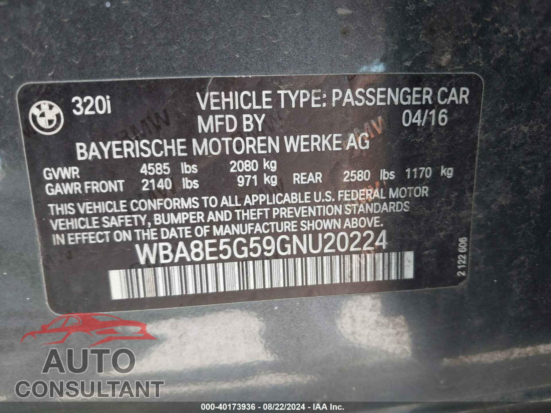 BMW 320I 2016 - WBA8E5G59GNU20224