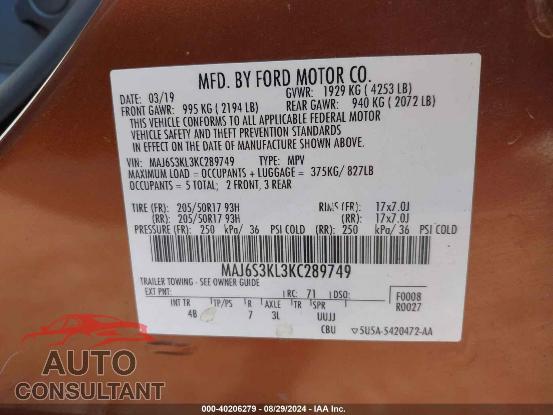 FORD ECOSPORT 2019 - MAJ6S3KL3KC289749