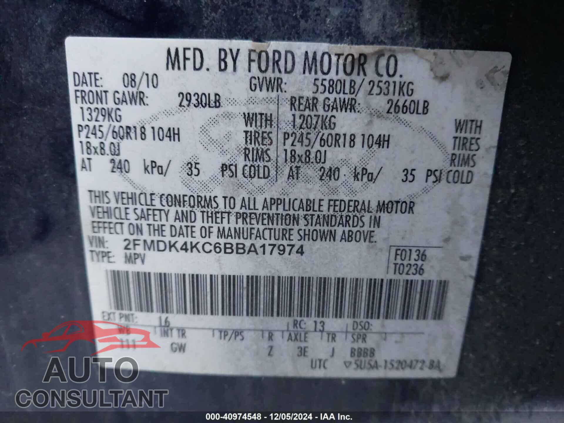 FORD EDGE 2011 - 2FMDK4KC6BBA17974