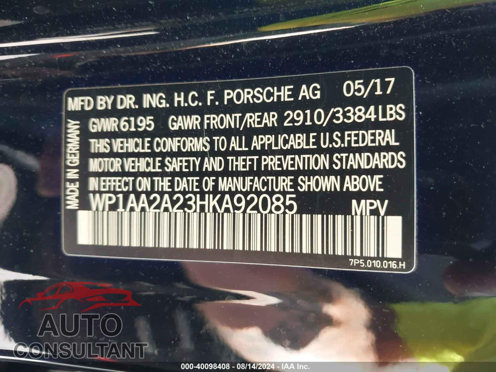 PORSCHE CAYENNE 2017 - WP1AA2A23HKA92085