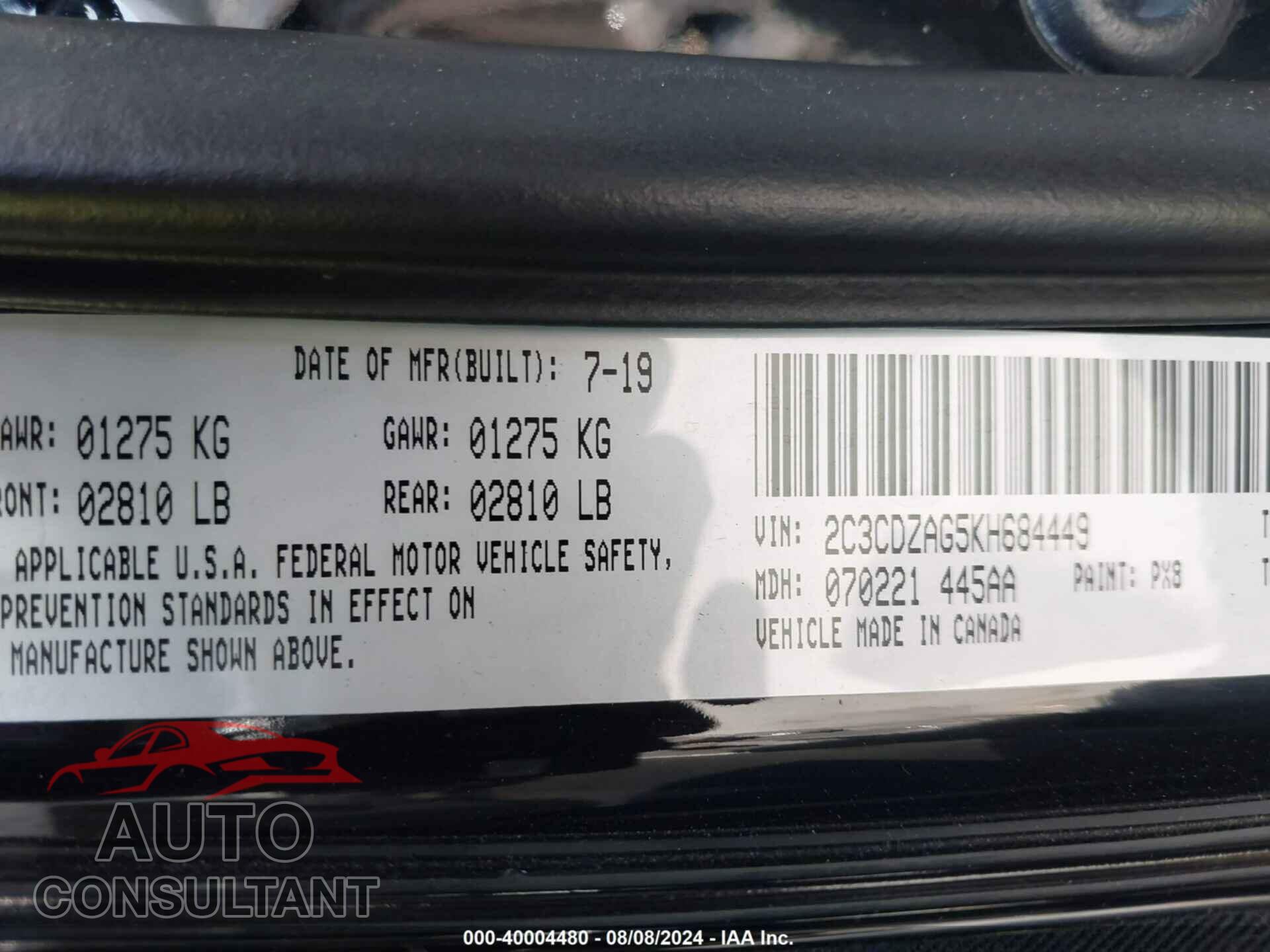 DODGE CHALLENGER 2019 - 2C3CDZAG5KH684449
