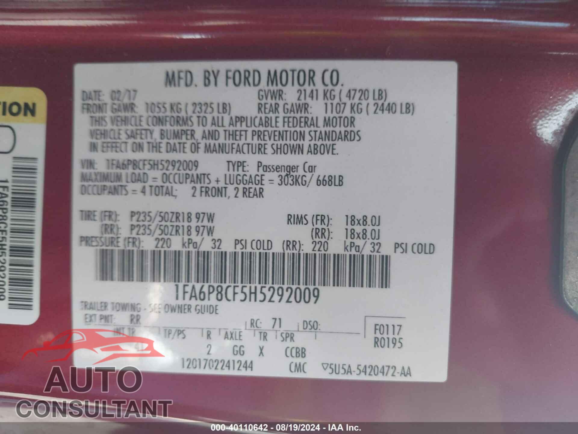 FORD MUSTANG 2017 - 1FA6P8CF5H5292009
