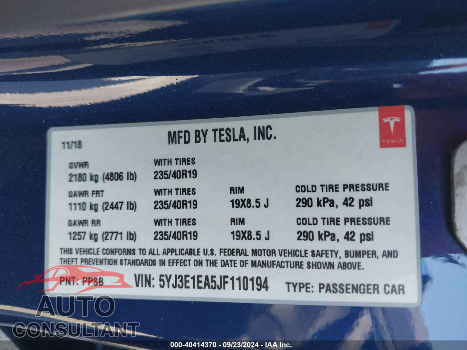 TESLA MODEL 3 2018 - 5YJ3E1EA5JF110194
