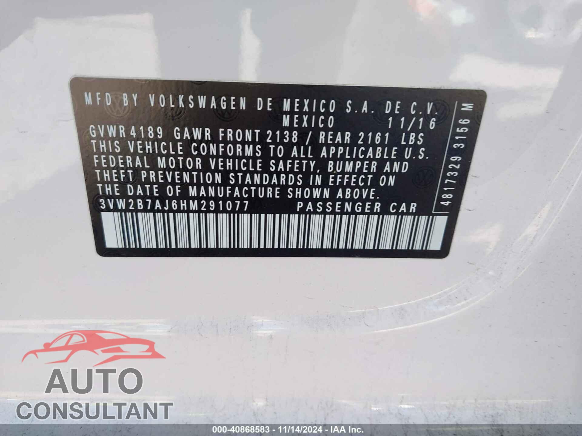 VOLKSWAGEN JETTA 2017 - 3VW2B7AJ6HM291077