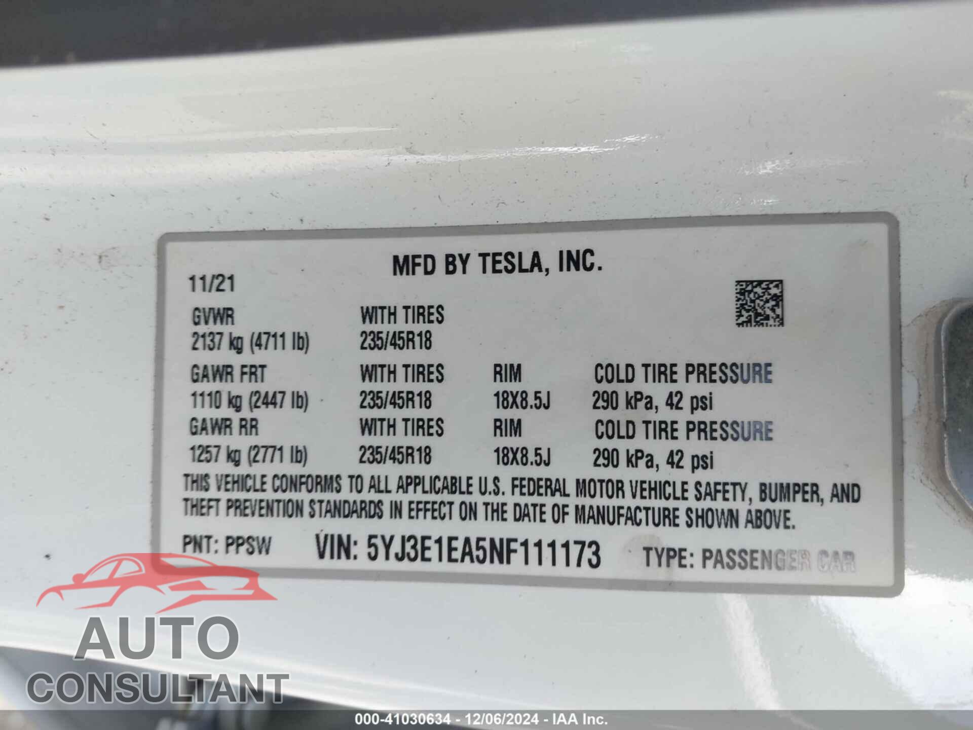 TESLA MODEL 3 2022 - 5YJ3E1EA5NF111173