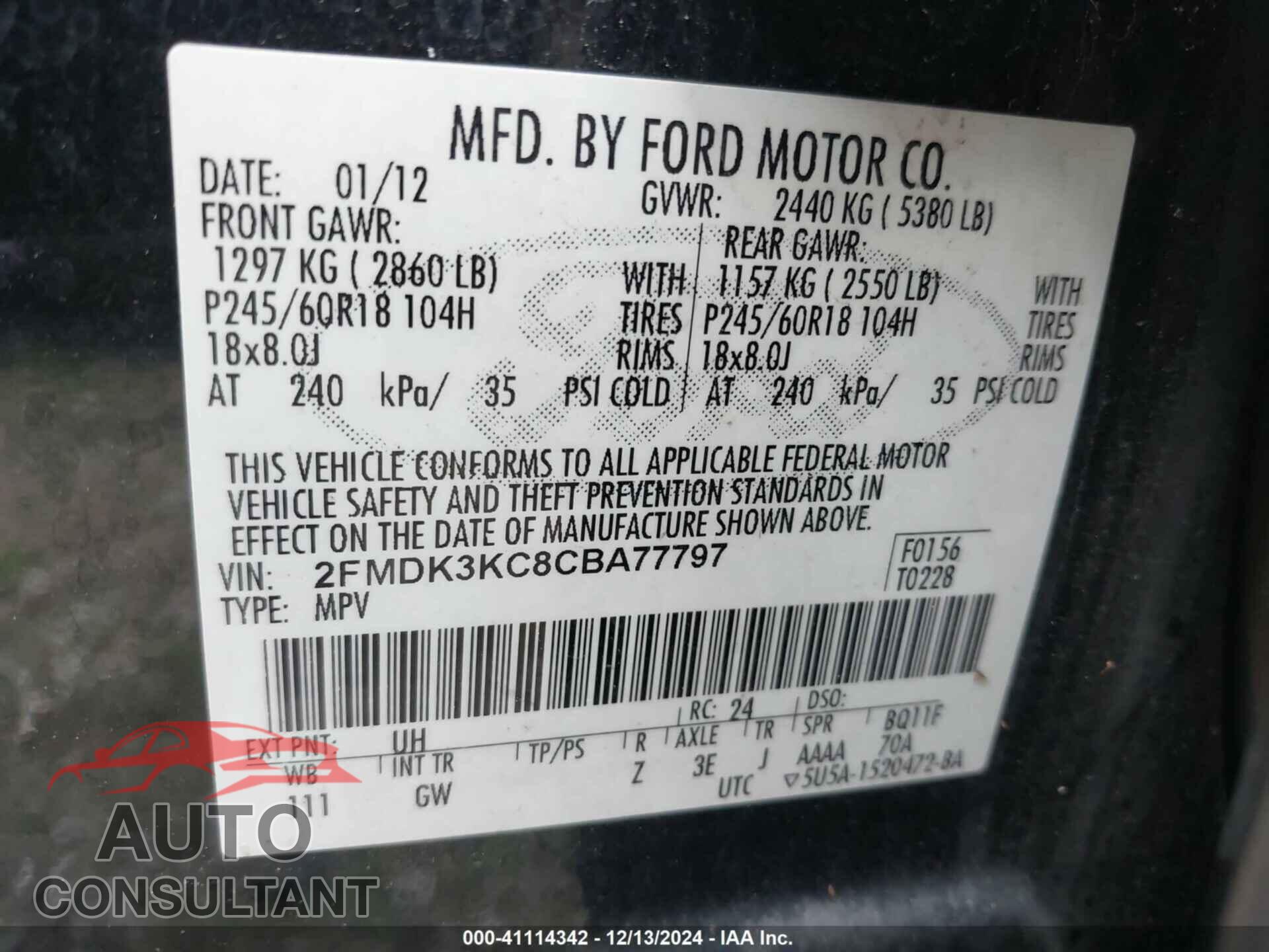 FORD EDGE 2012 - 2FMDK3KC8CBA77797
