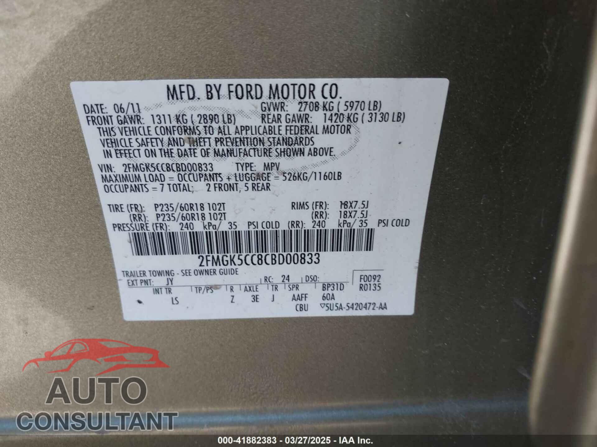 FORD FLEX 2012 - 2FMGK5CC8CBD00833