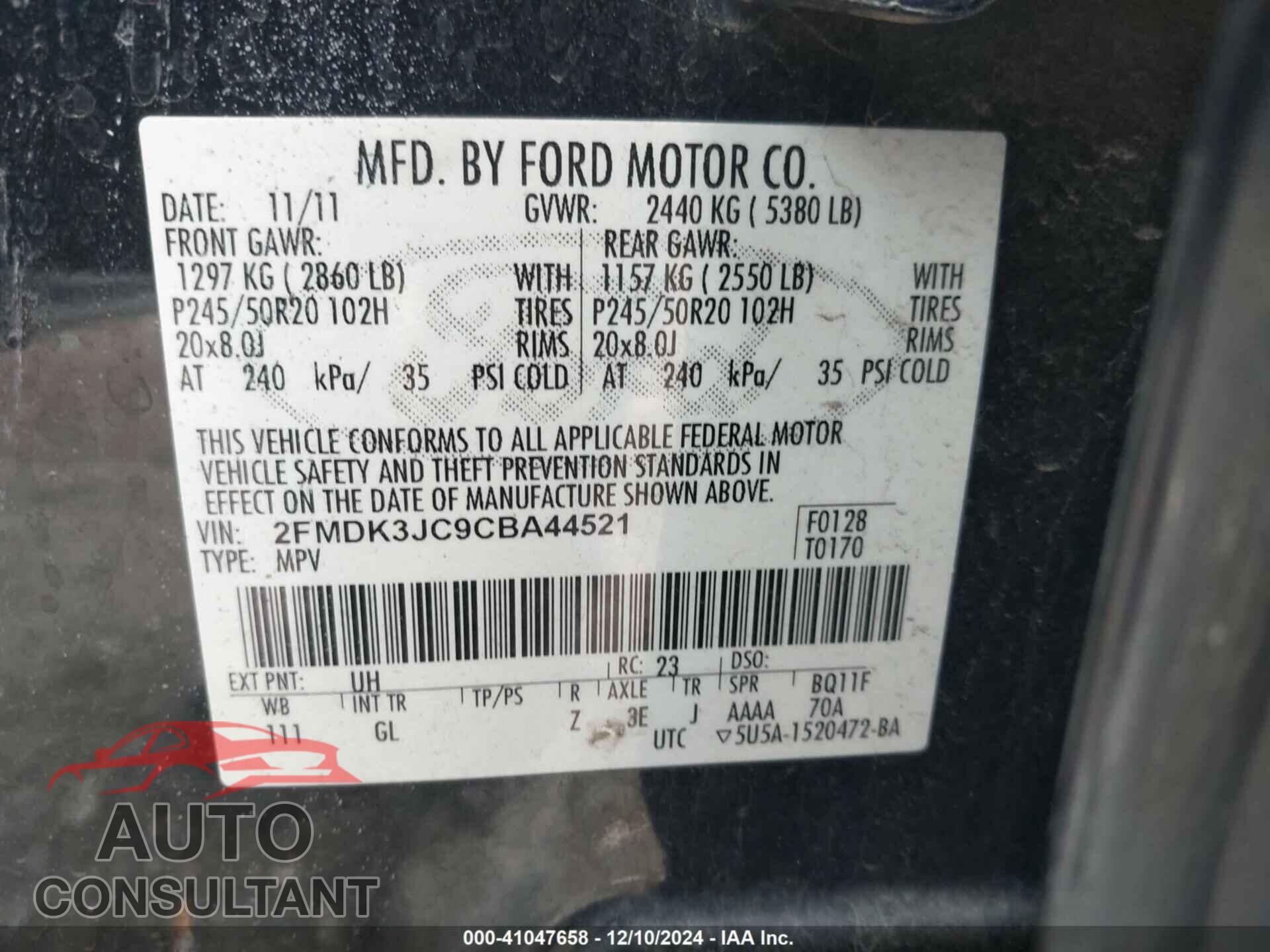 FORD EDGE 2012 - 2FMDK3JC9CBA44521