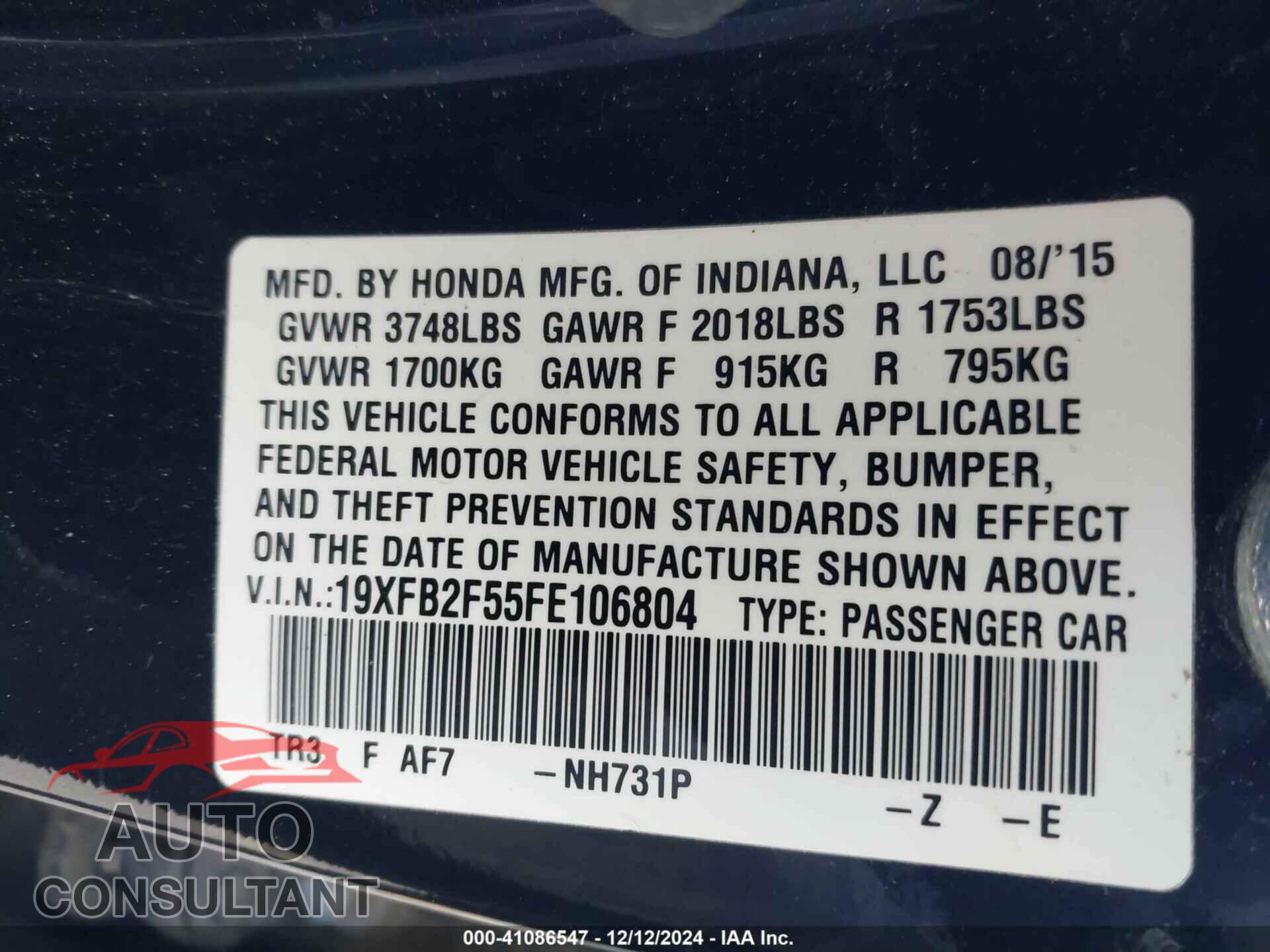 HONDA CIVIC 2015 - 19XFB2F55FE106804