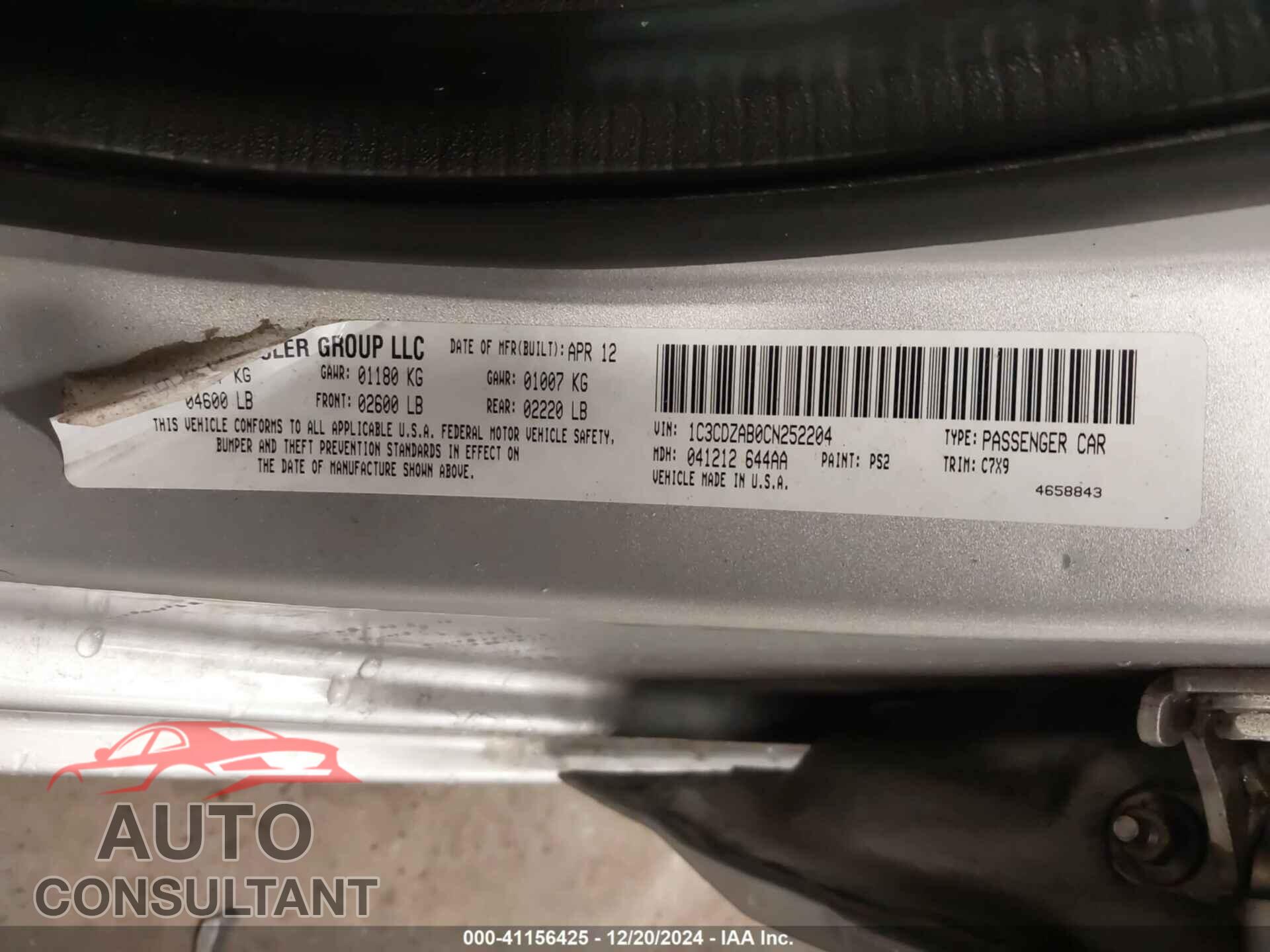 DODGE AVENGER 2012 - 1C3CDZAB0CN252204