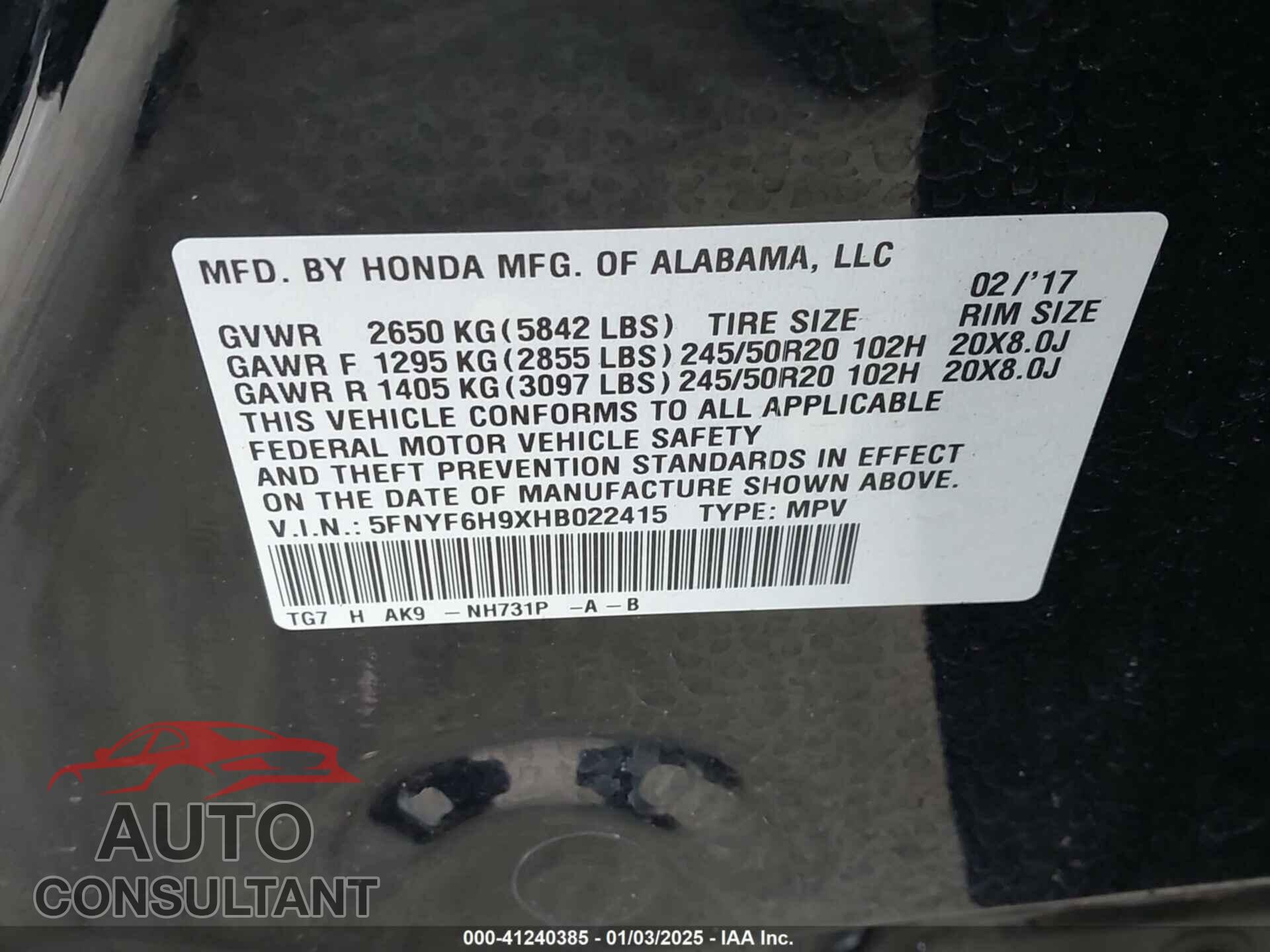 HONDA PILOT 2017 - 5FNYF6H9XHB022415