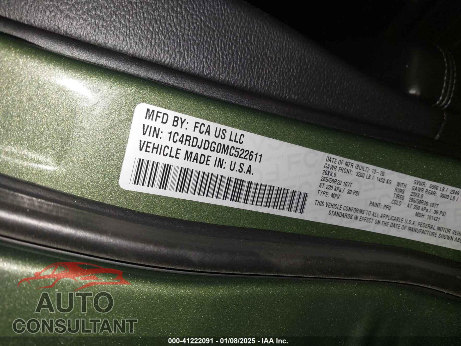 DODGE DURANGO 2021 - 1C4RDJDG0MC522611