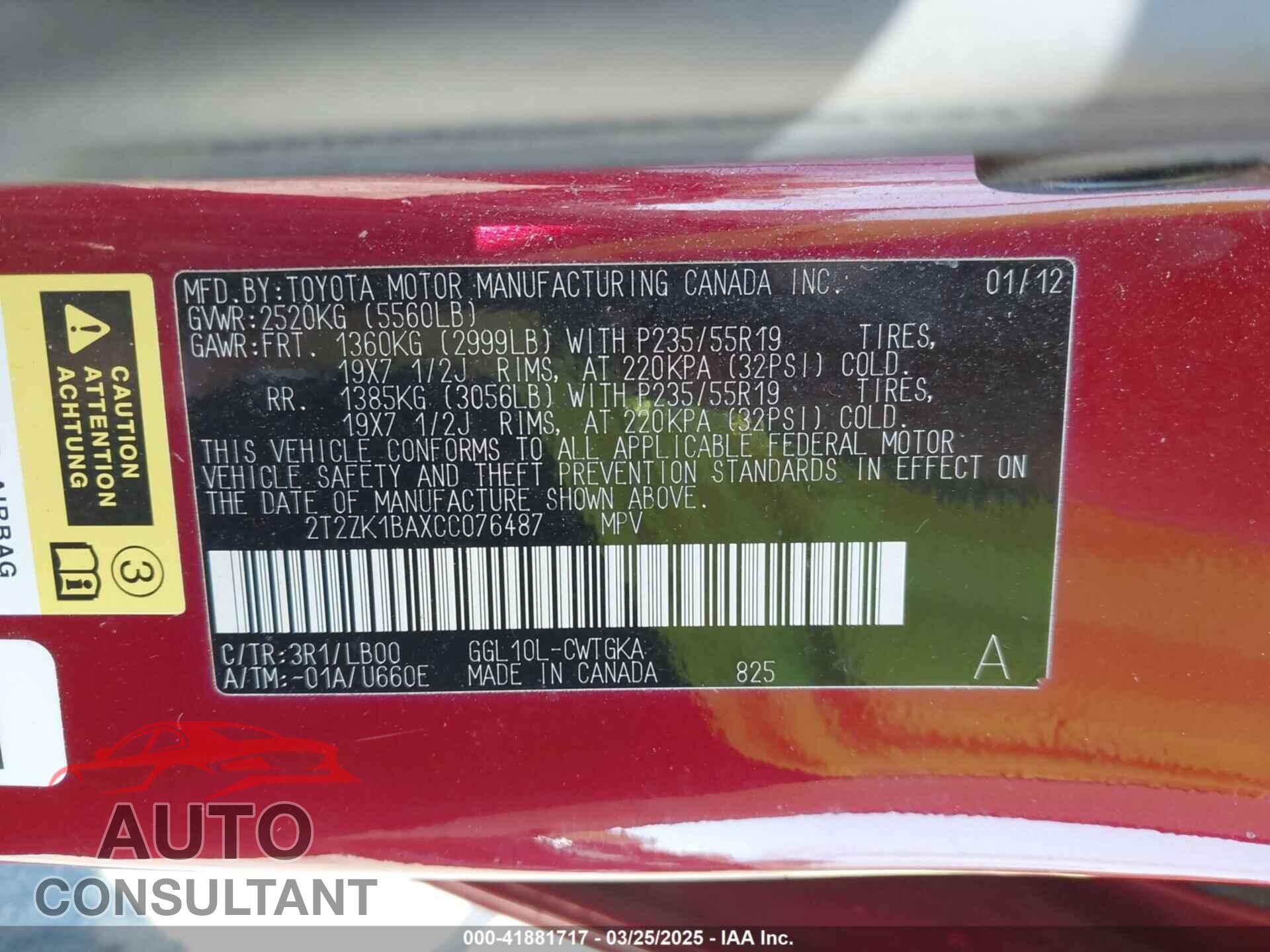 LEXUS RX 350 2012 - 2T2ZK1BAXCC076487