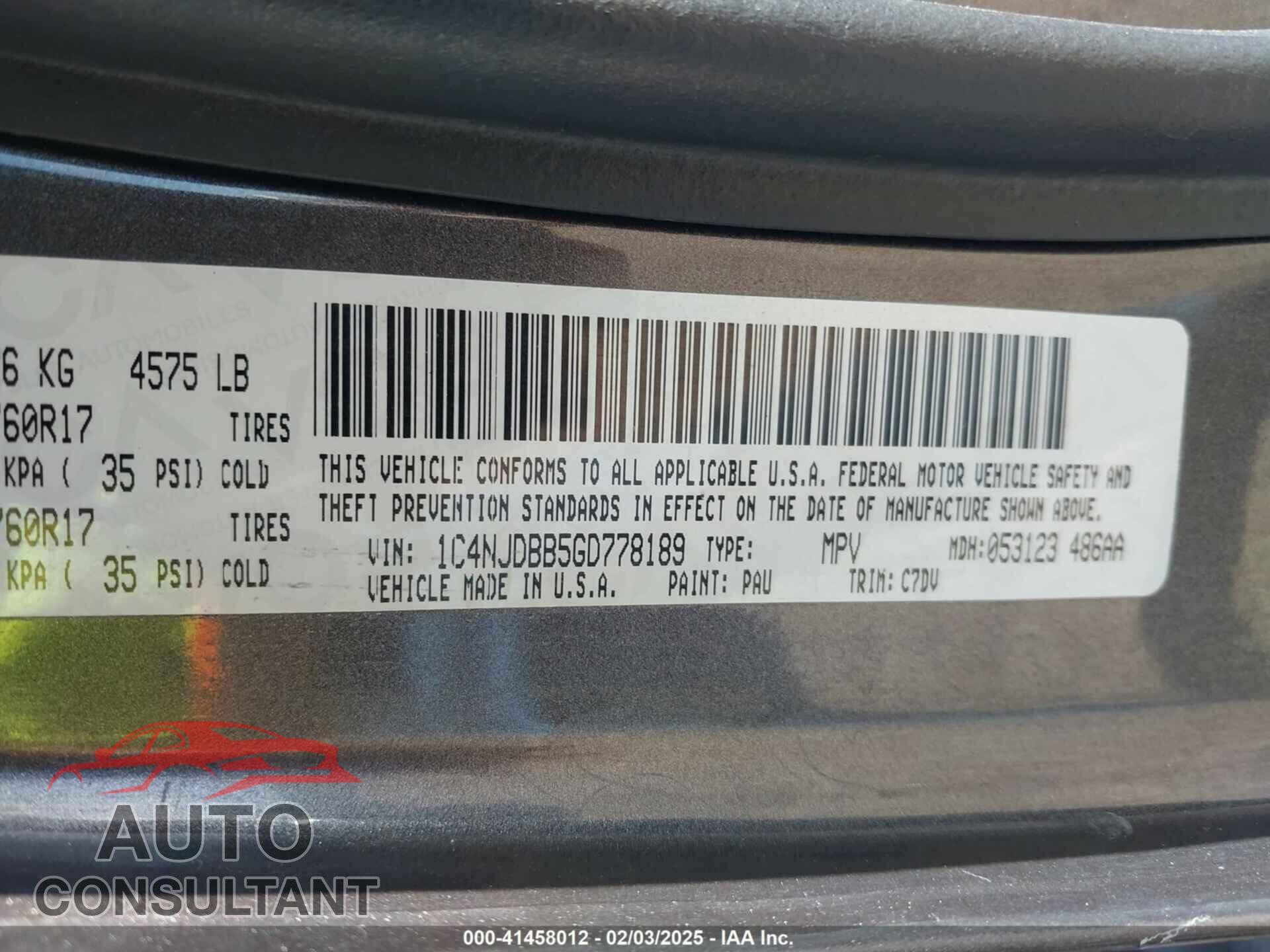 JEEP COMPASS 2016 - 1C4NJDBB5GD778189