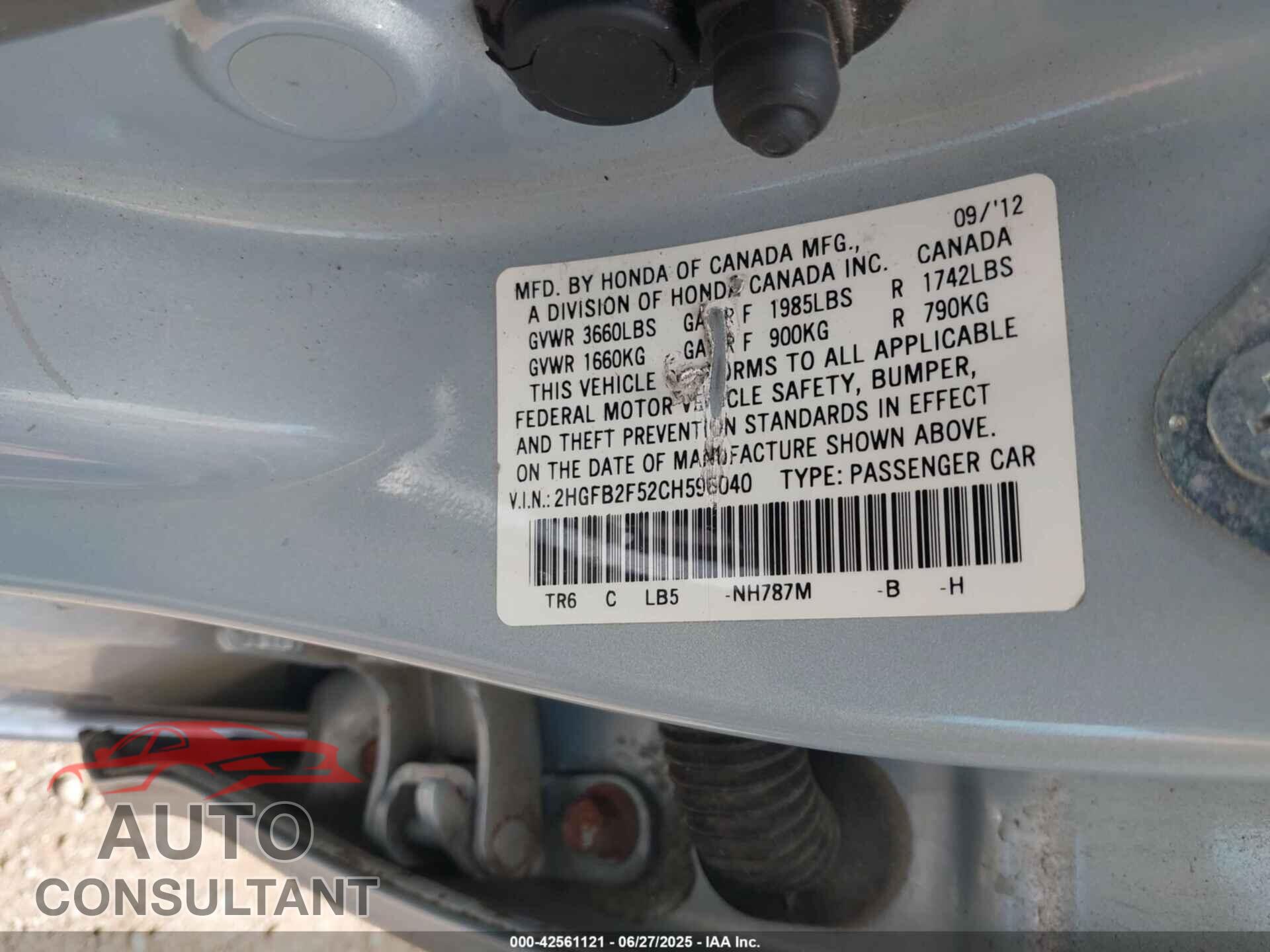 HONDA CIVIC 2012 - 2HGFB2F52CH596040