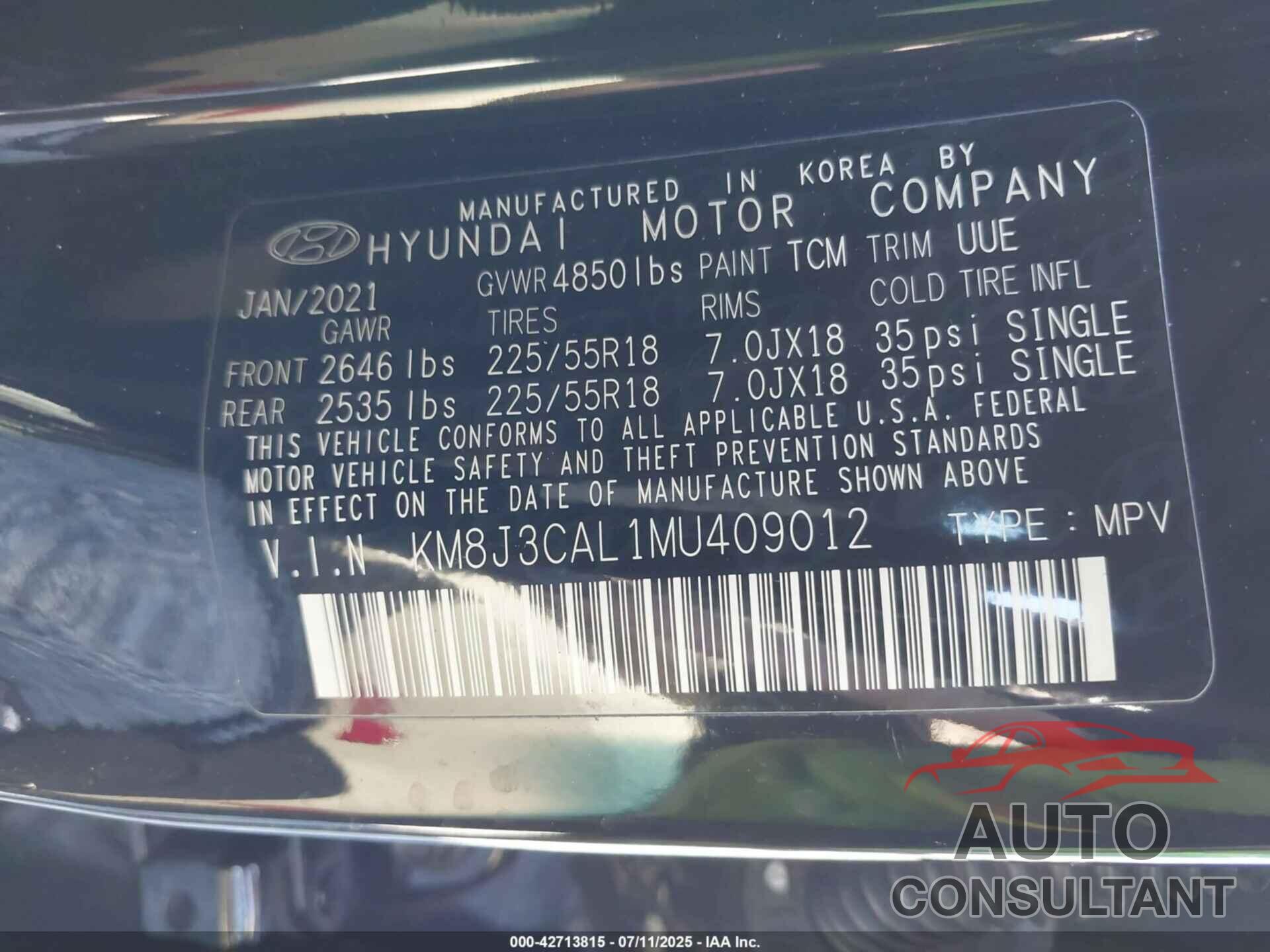 HYUNDAI TUCSON 2021 - KM8J3CAL1MU409012