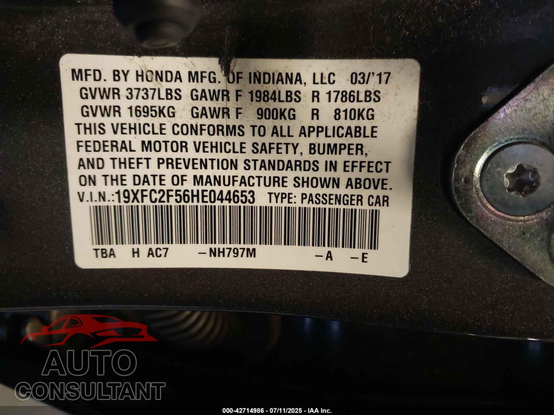 HONDA CIVIC 2017 - 19XFC2F56HE044653