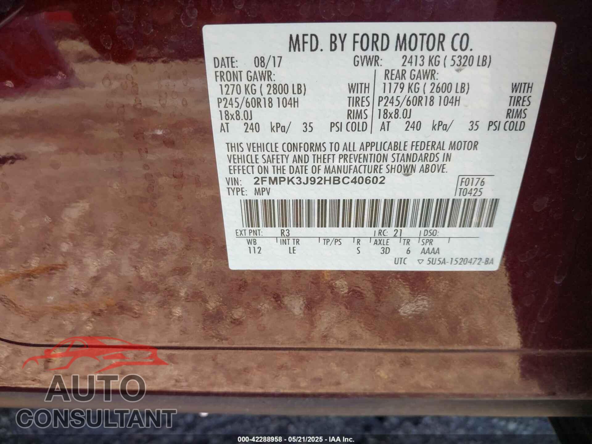 FORD EDGE 2017 - 2FMPK3J92HBC40602