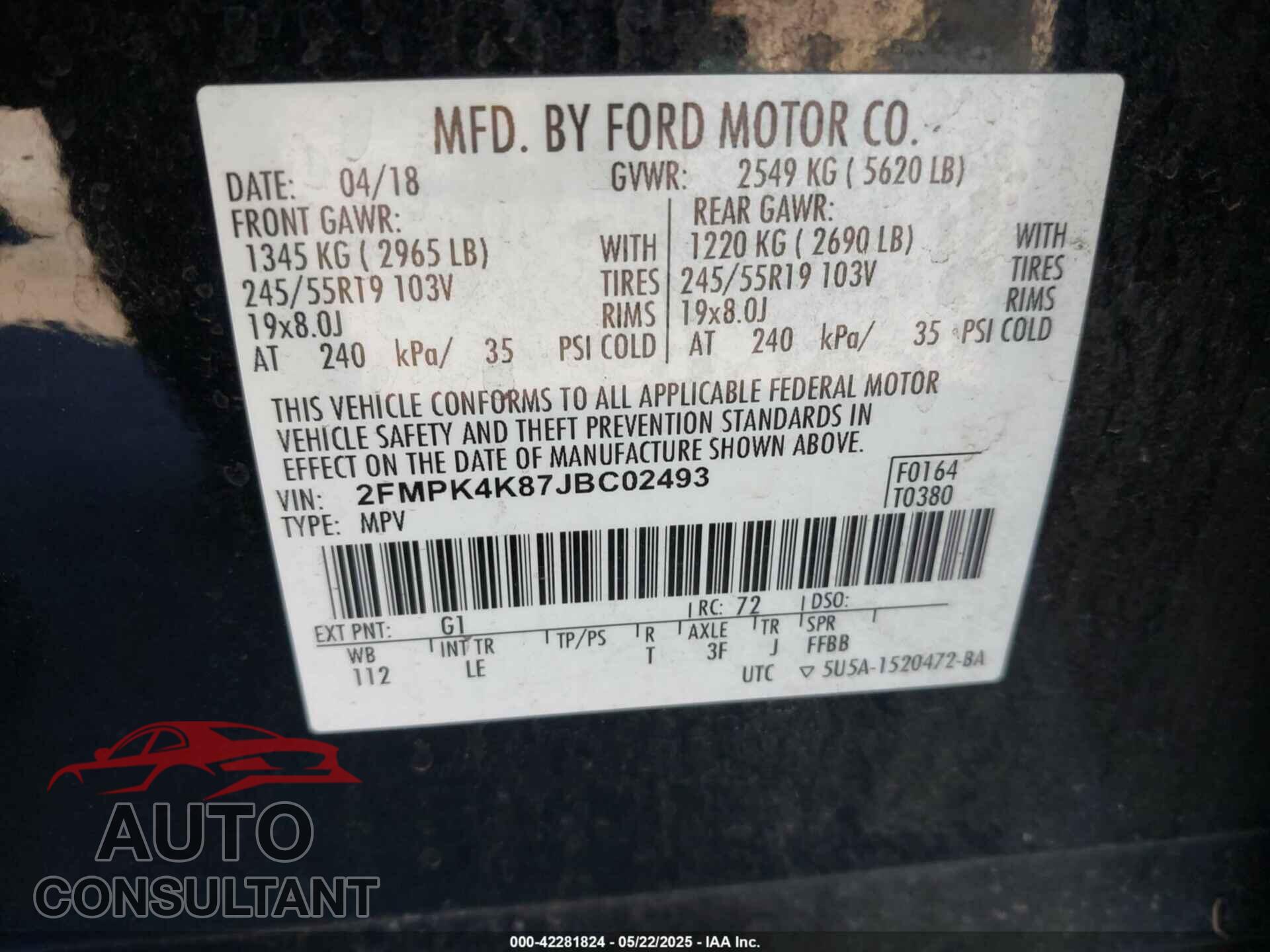 FORD EDGE 2018 - 2FMPK4K87JBC02493
