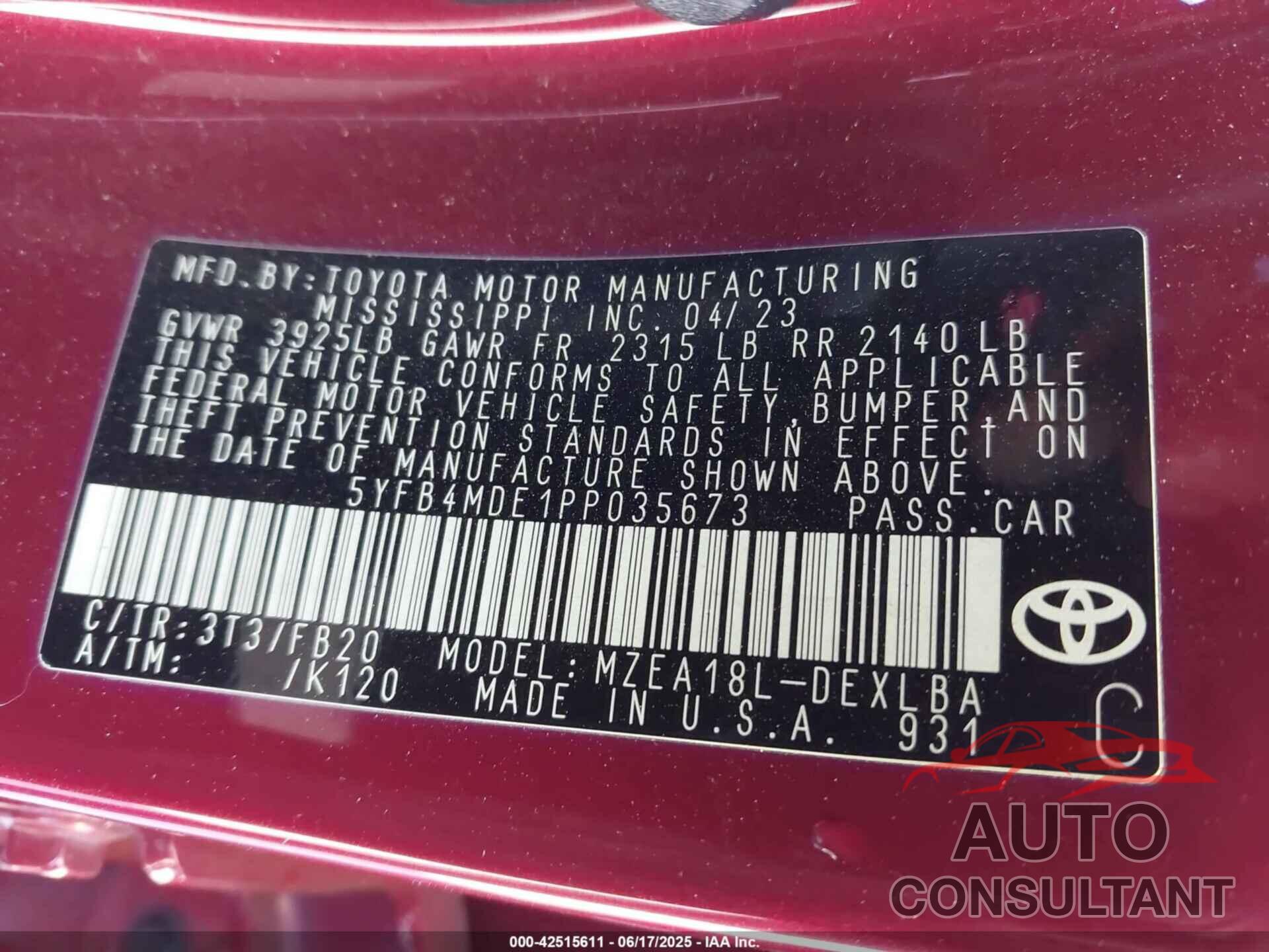TOYOTA COROLLA 2023 - 5YFB4MDE1PP035673