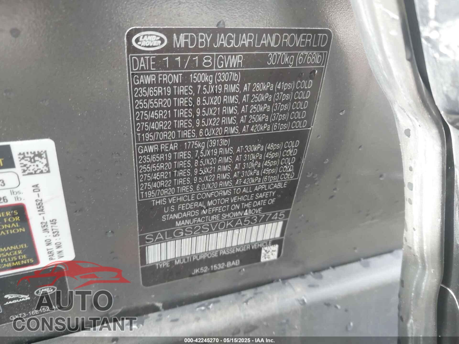 LAND ROVER RANGE ROVER 2019 - SALGS2SV0KA537745