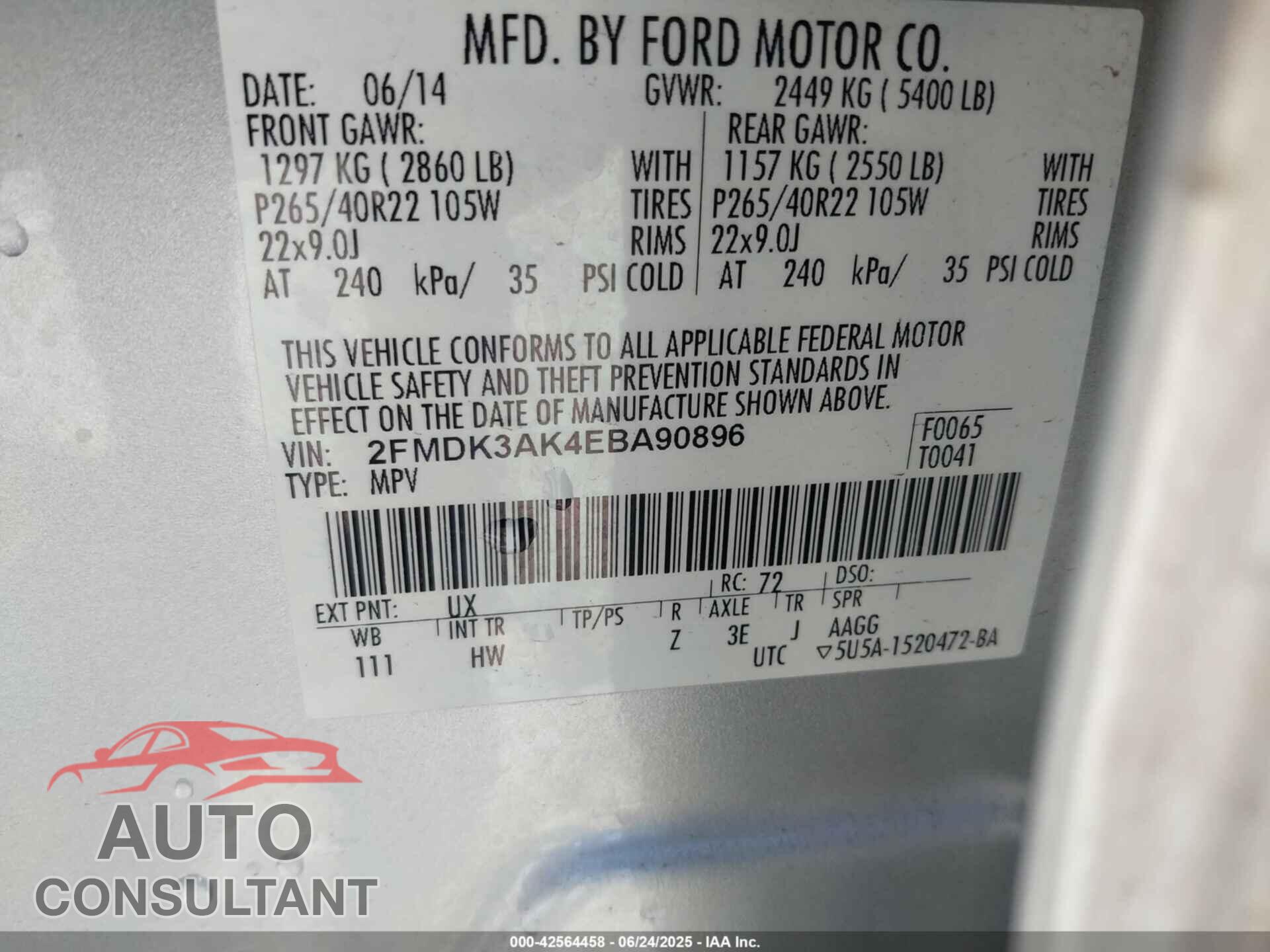 FORD EDGE 2014 - 2FMDK3AK4EBA90896