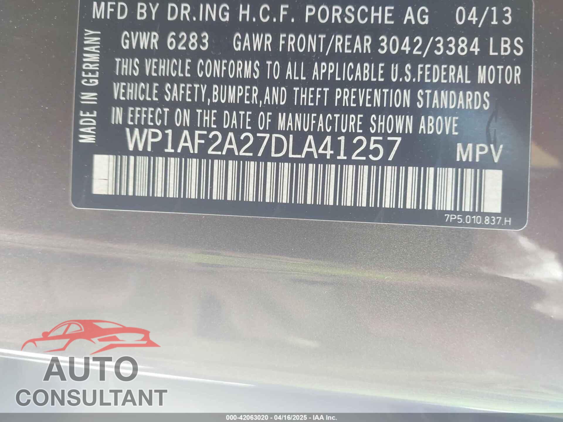 PORSCHE CAYENNE 2013 - WP1AF2A27DLA41257