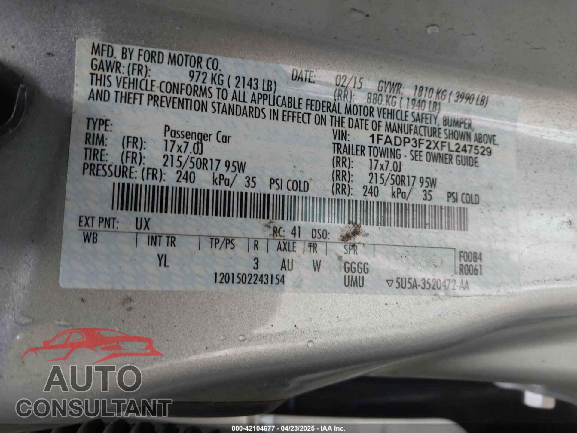 FORD FOCUS 2015 - 1FADP3F2XFL247529