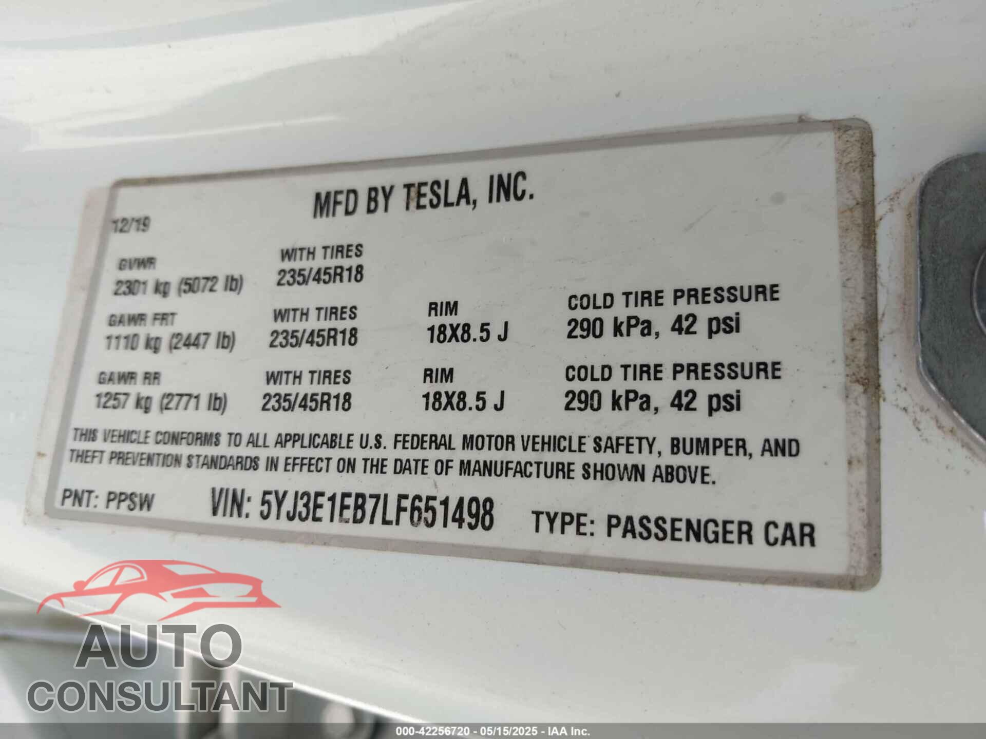 TESLA MODEL 3 2020 - 5YJ3E1EB7LF651498