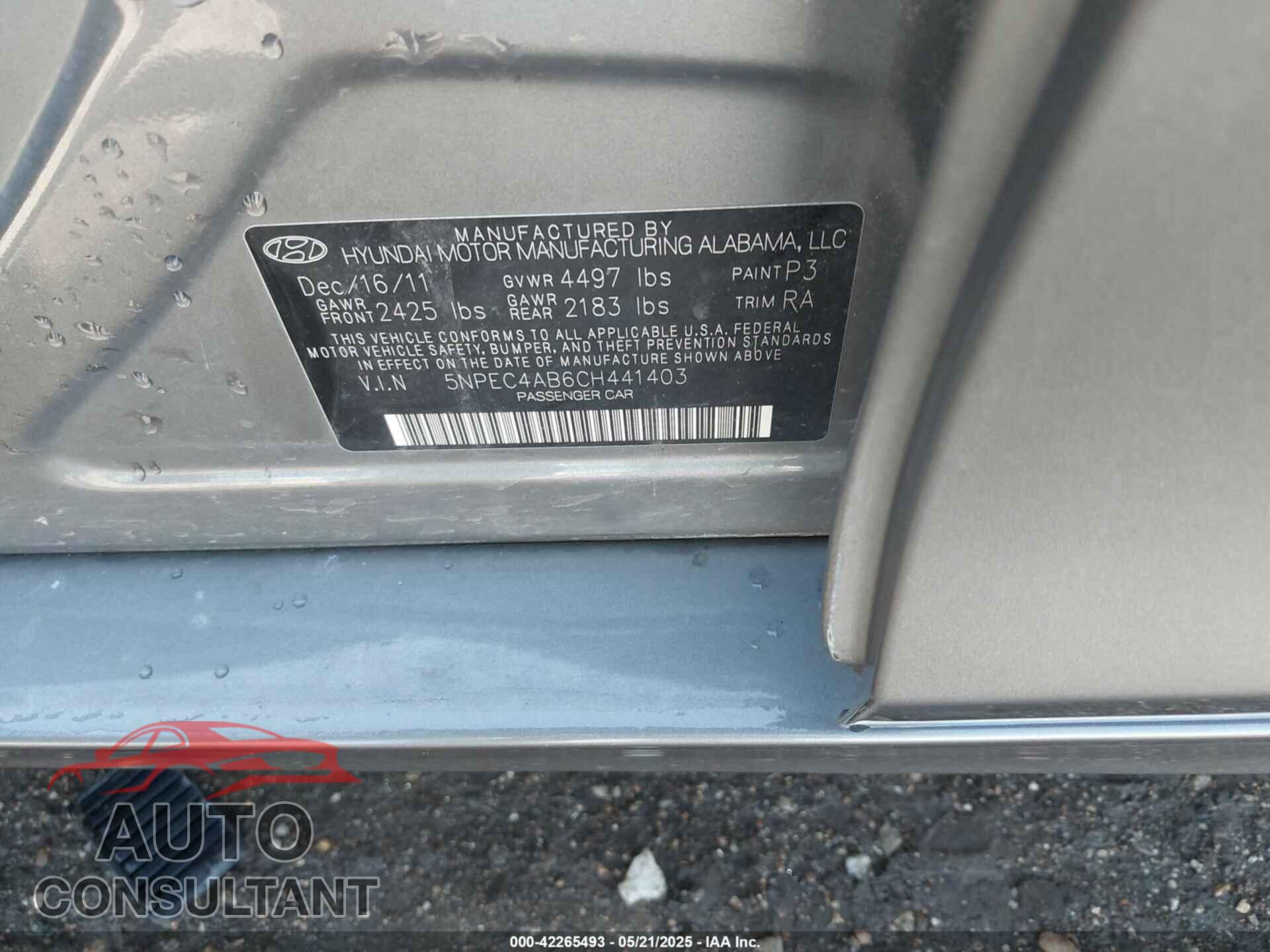 HYUNDAI SONATA 2012 - 5NPEC4AB6CH441403