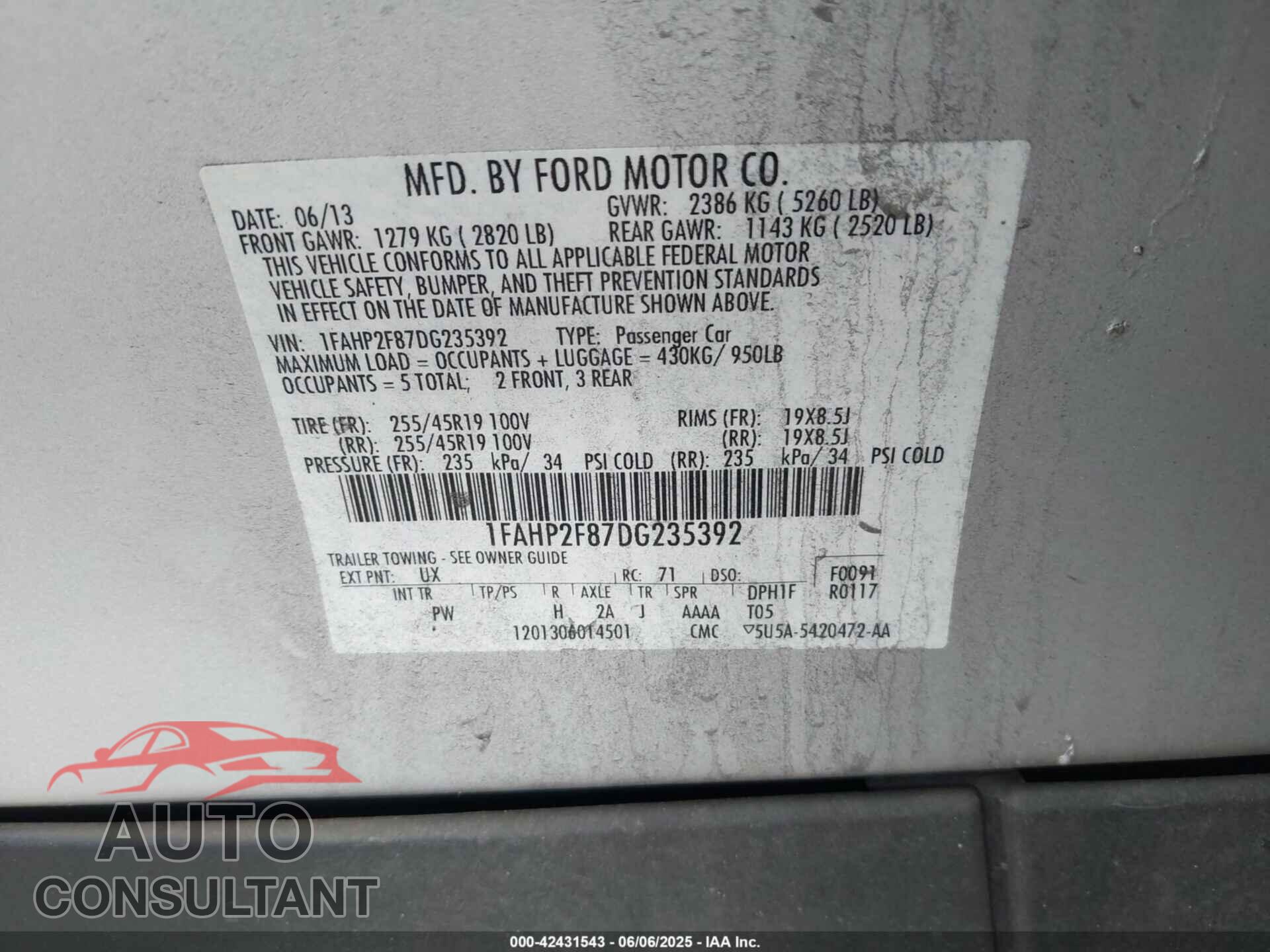 FORD TAURUS 2013 - 1FAHP2F87DG235392
